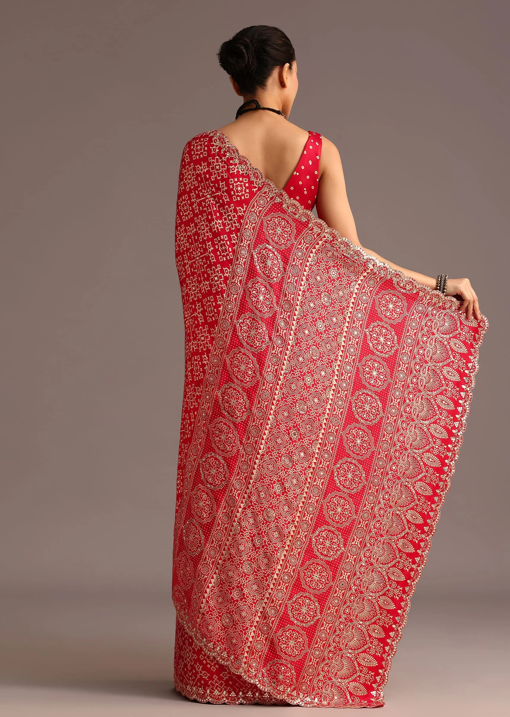 Red Traditional Ajrakh Print Satin Saree With Embellished Scallop Border And Unstitched Blouse - Image 6