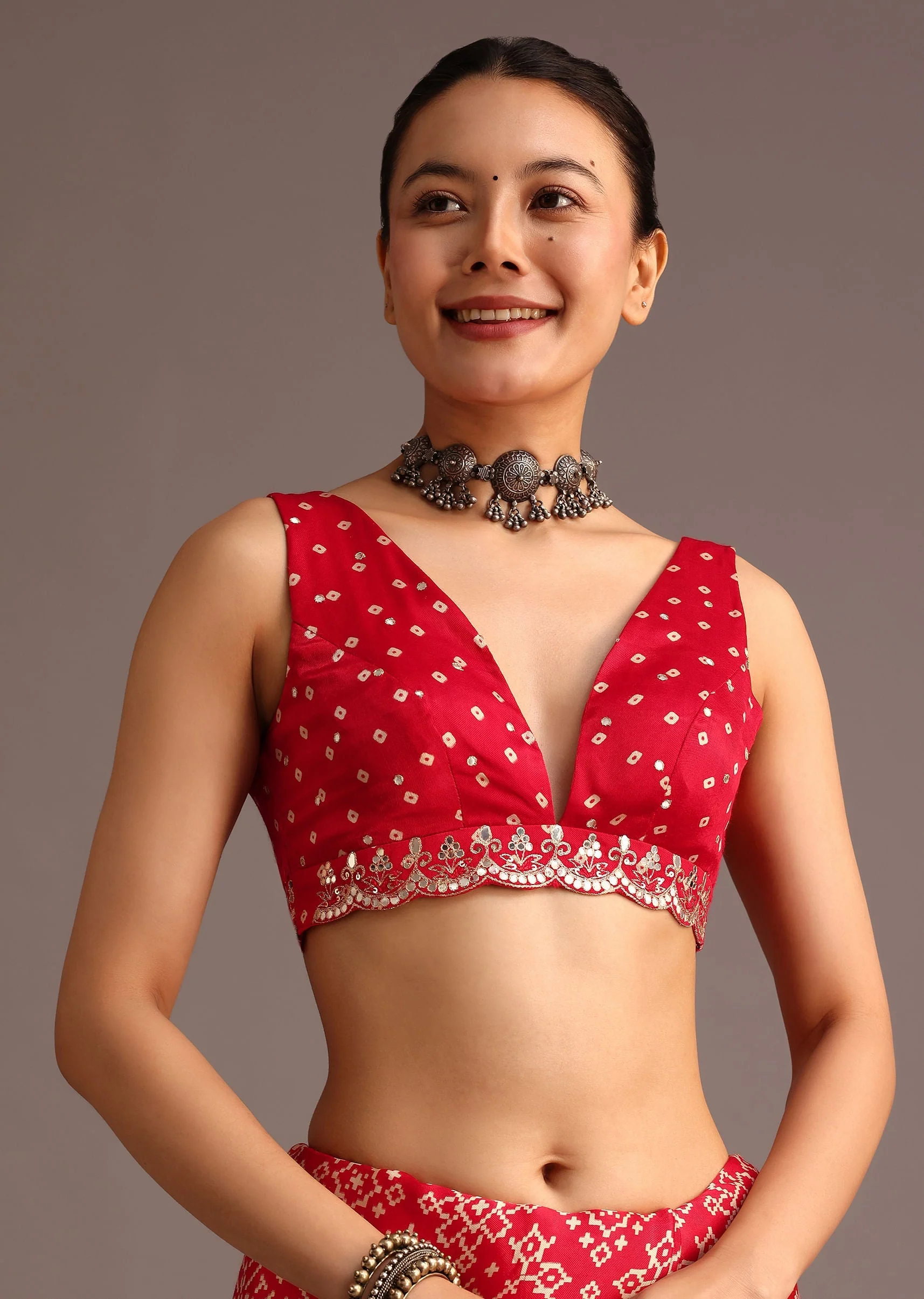 Red Traditional Ajrakh Print Satin Saree With Embellished Scallop Border And Unstitched Blouse - Image 7
