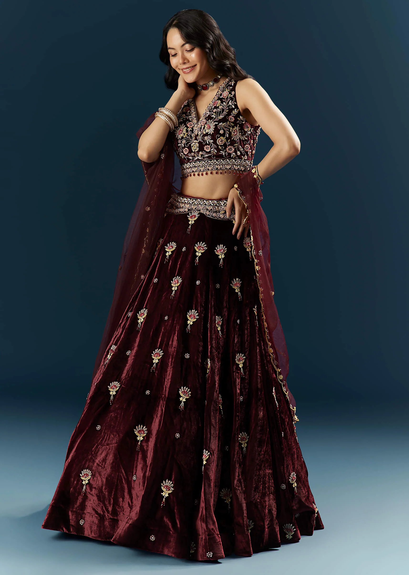 Red Velvet Bridal Lehenga With Cutdana And Beads Embroidery - Image 4