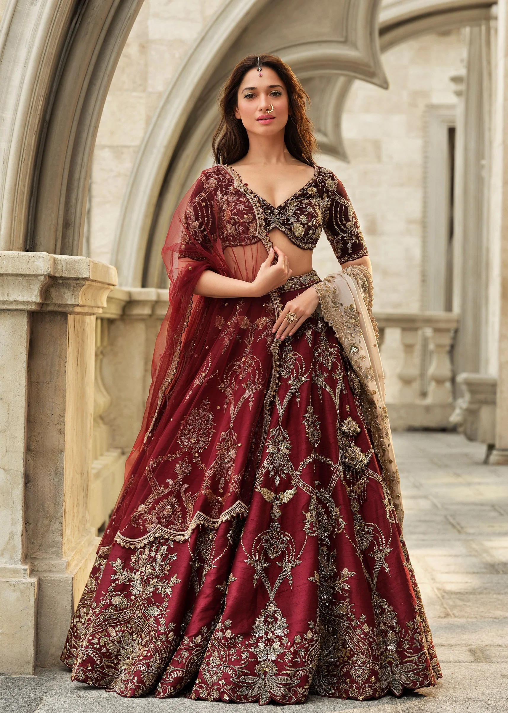 Red Velvet Bridal Lehenga With Cutdana Beads And Sequins Embroidery - Image 2