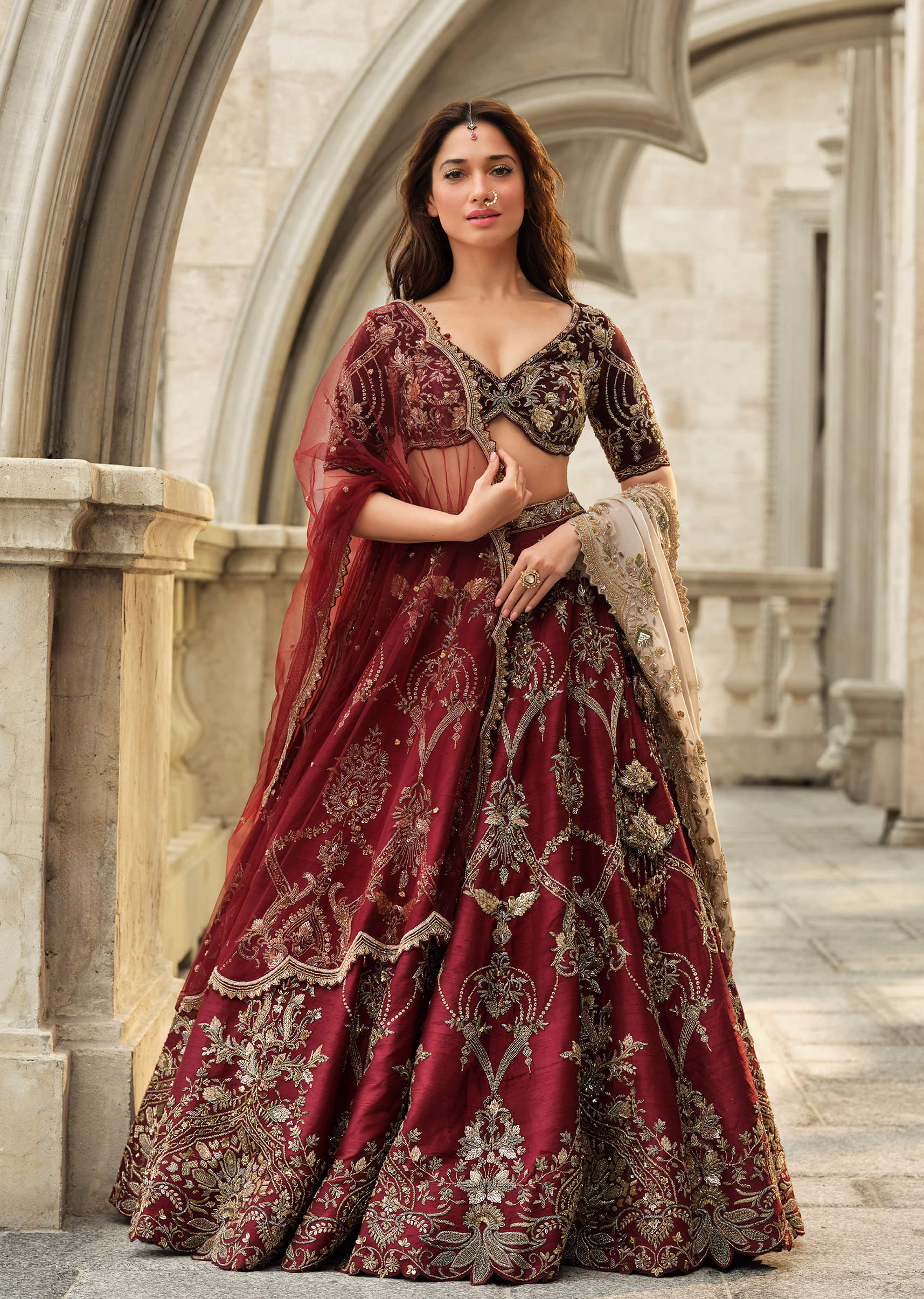 Red Velvet Bridal Lehenga With Cutdana Beads And Sequins Embroidery - Image 3