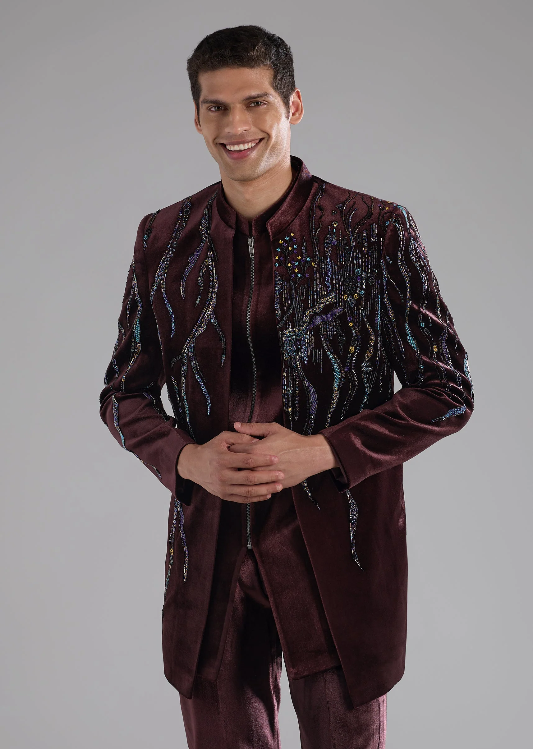 Red Velvet Indowestern Kurta Set with Bead Work