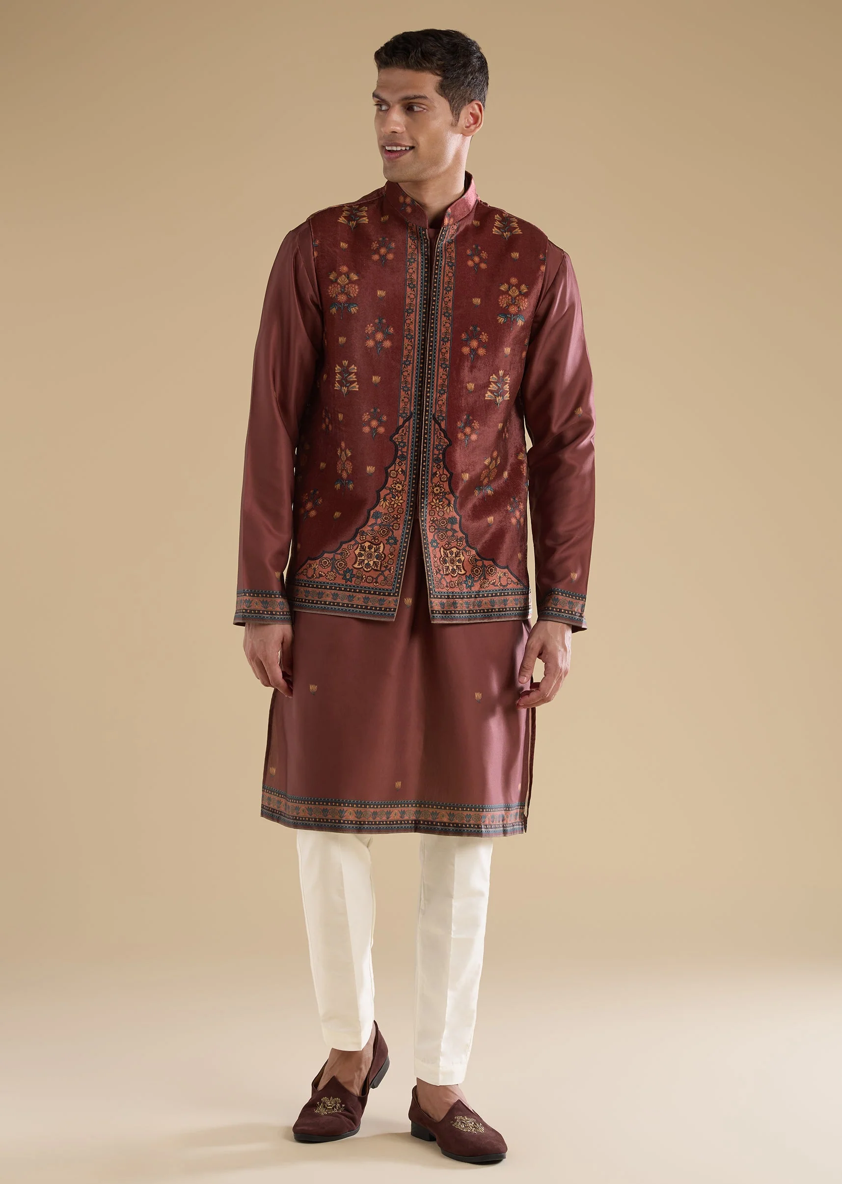 Red Velvet Kurta Jacket Set