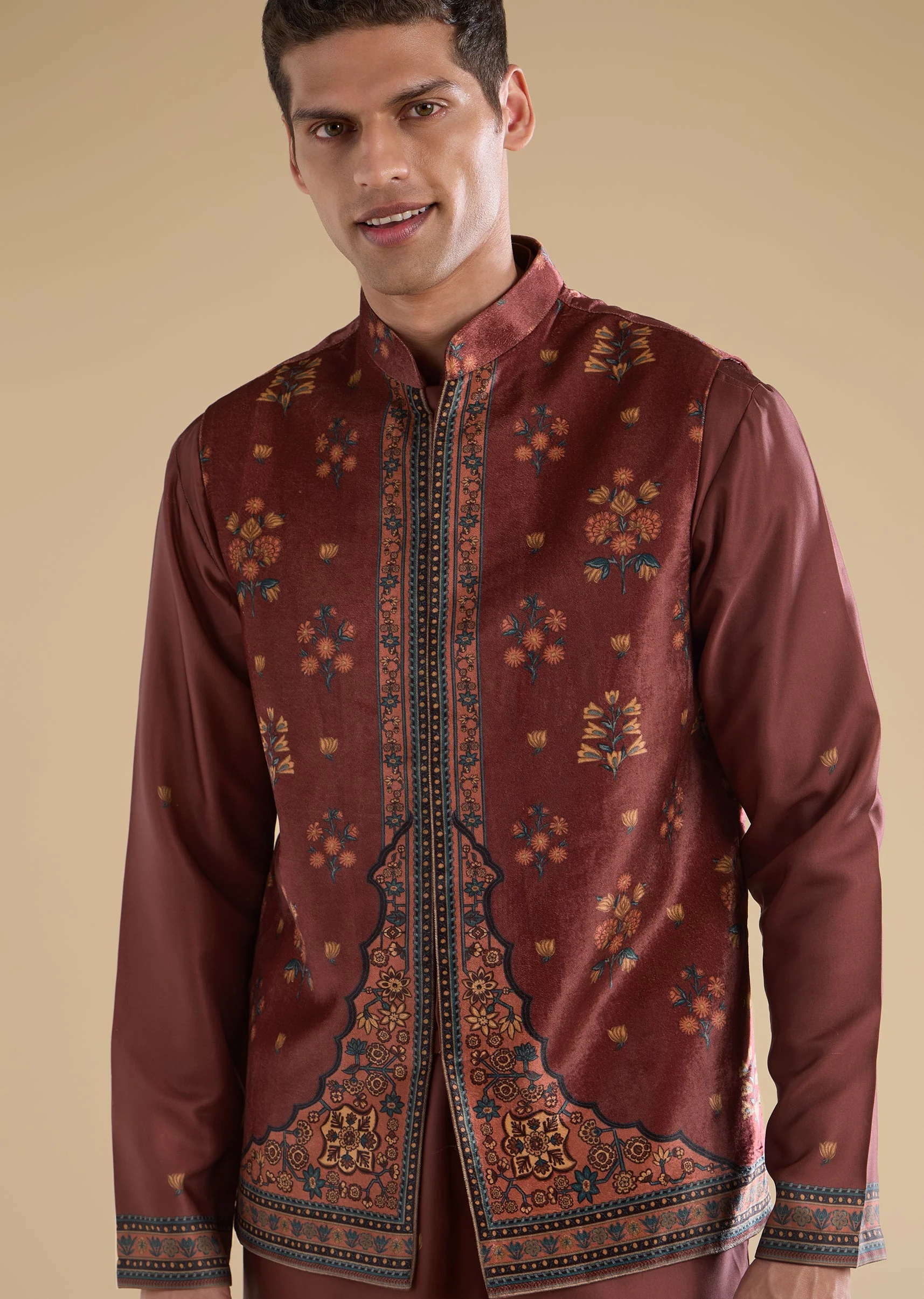 Red Velvet Kurta Jacket Set - Image 2