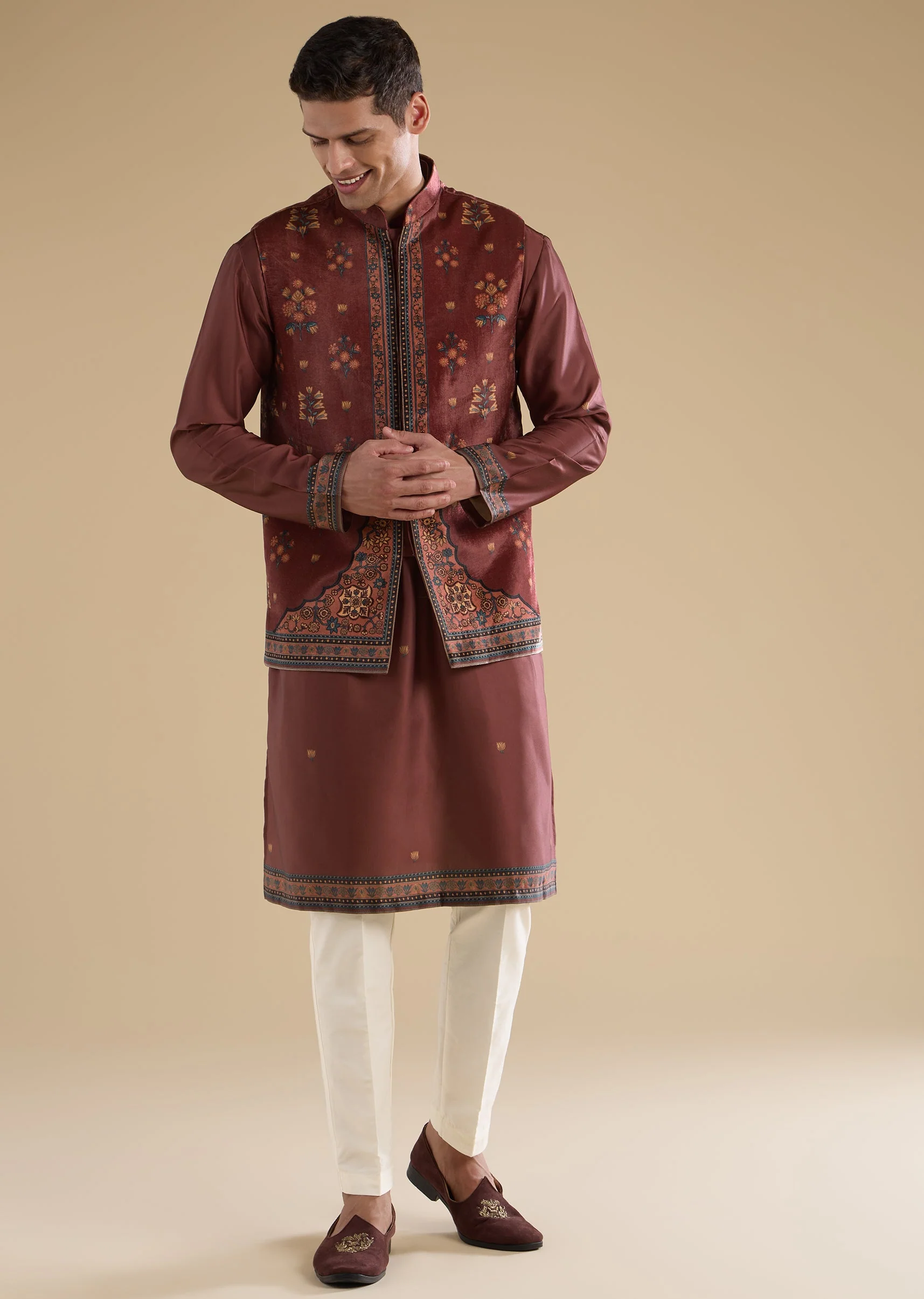 Red Velvet Kurta Jacket Set - Image 3