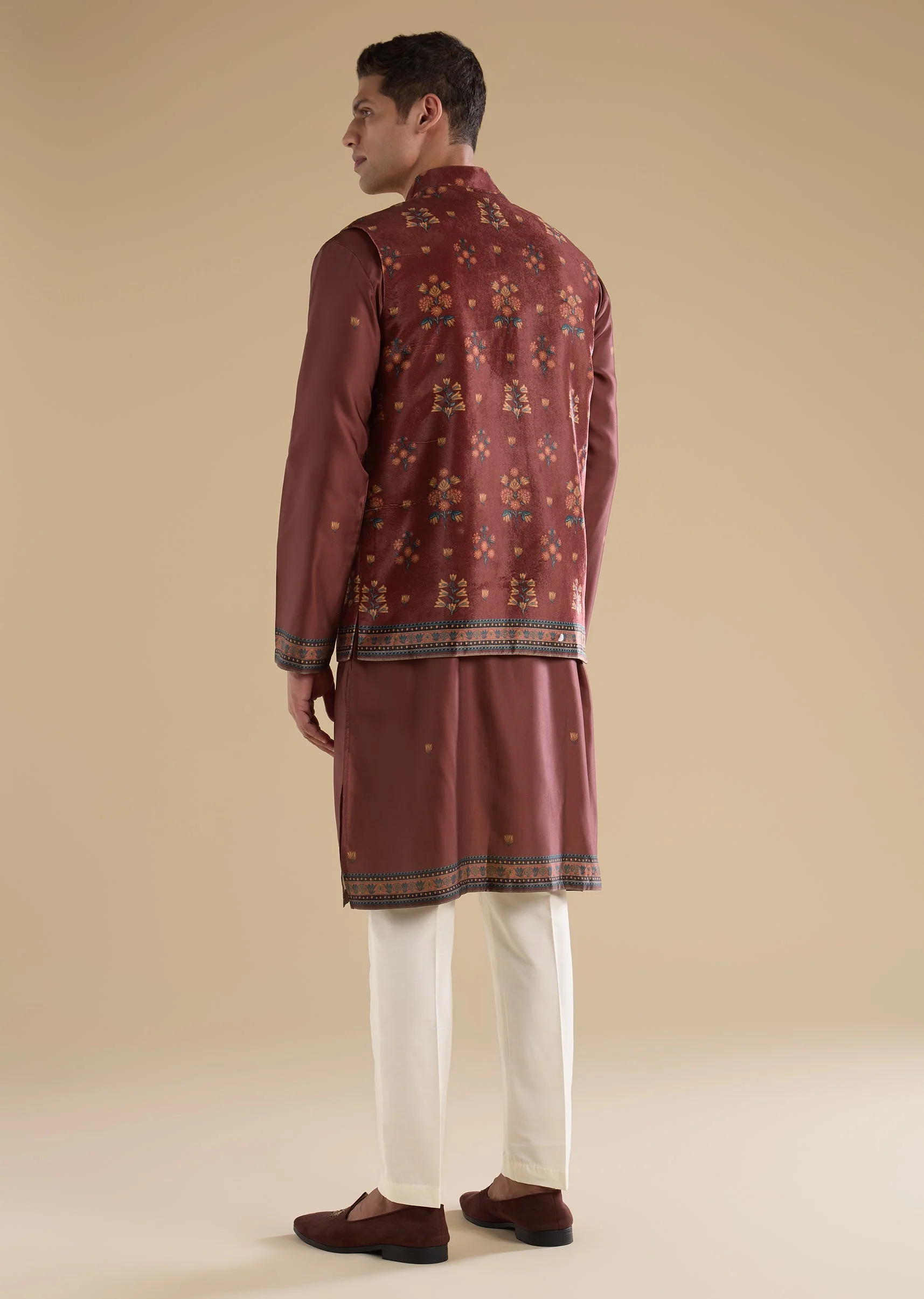 Red Velvet Kurta Jacket Set - Image 5