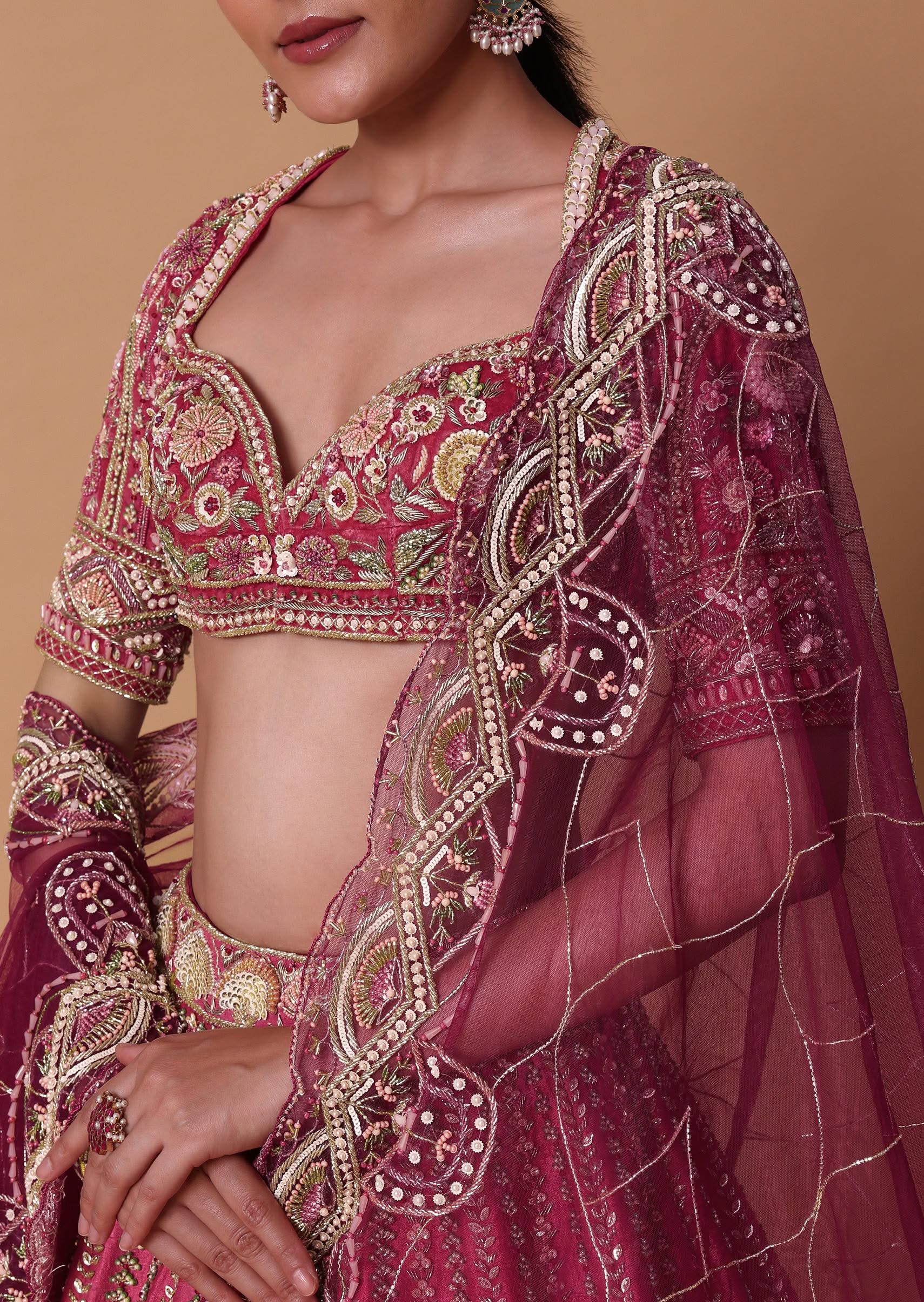 Red Velvet Silk 16 Kali Zardosi Lehenga With Crystal Blouse And Two Dupattas - Image 2