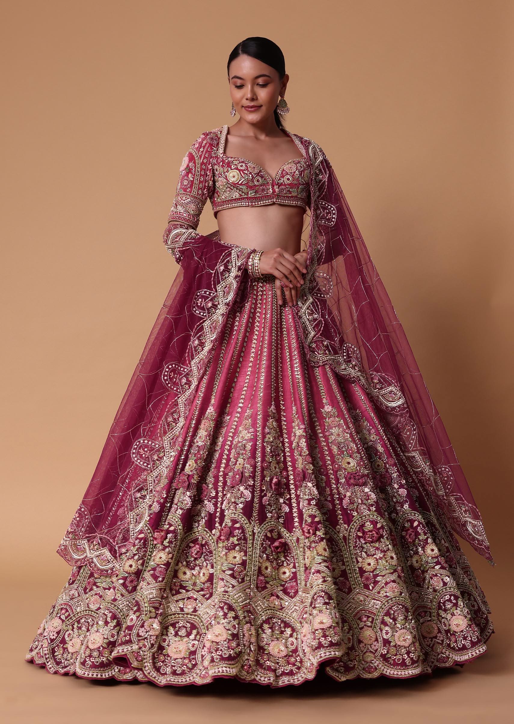 Red Velvet Silk 16 Kali Zardosi Lehenga With Crystal Blouse And Two Dupattas - Image 3