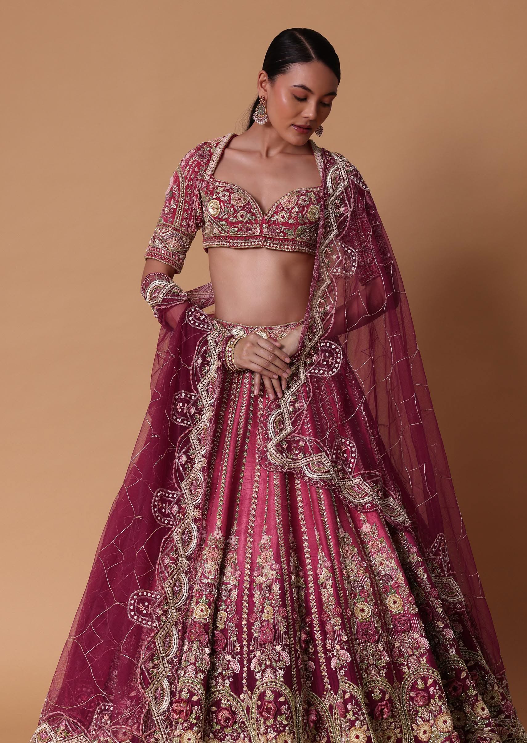 Red Velvet Silk 16 Kali Zardosi Lehenga With Crystal Blouse And Two Dupattas - Image 4