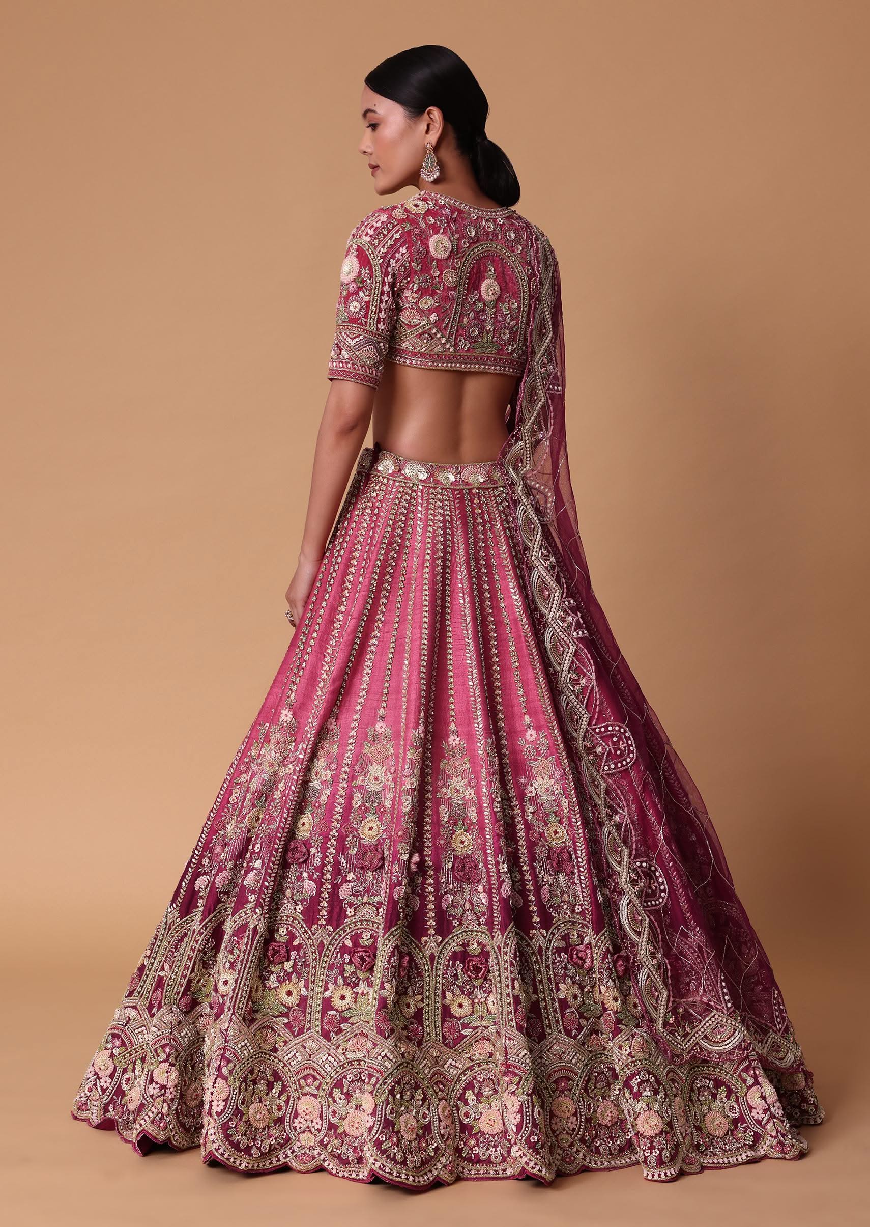 Red Velvet Silk 16 Kali Zardosi Lehenga With Crystal Blouse And Two Dupattas - Image 5