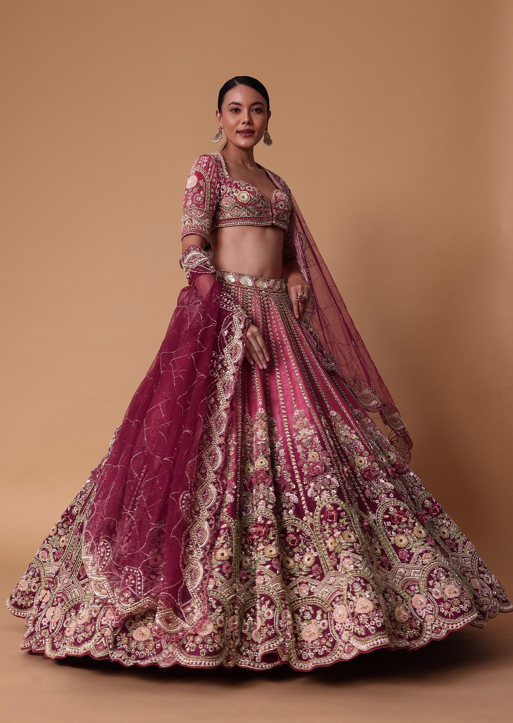 Red Velvet Silk 16 Kali Zardosi Lehenga With Crystal Blouse And Two Dupattas - Image 6