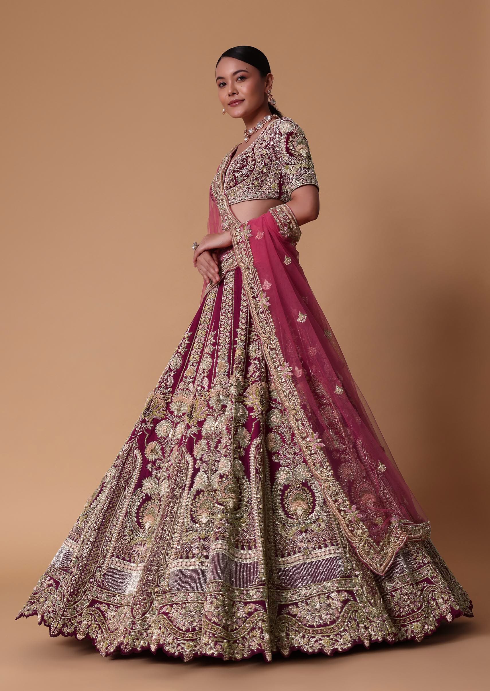 Red Velvet Raw Silk 16 Kali Zardosi Lehenga With Pearl Blouse Set - Image 7