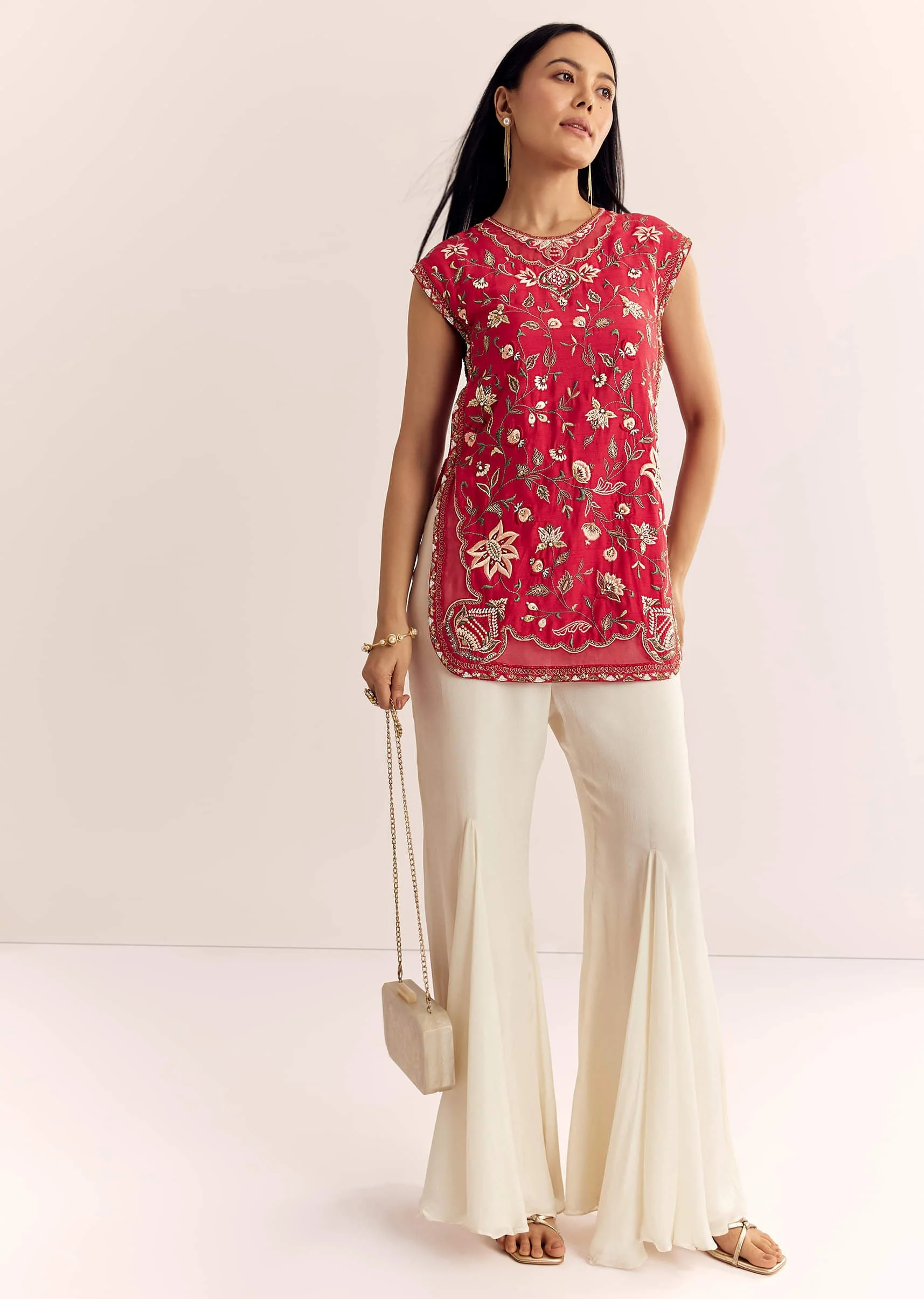 Red Viscose Raw Silk Short Kurta Set With Chinon Kali Palazzo - Image 2