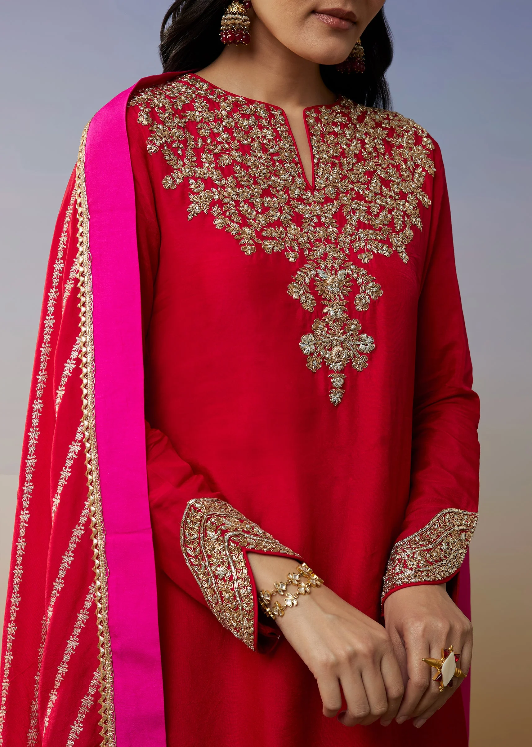 Red Viscose Satin Palazzo Suit with Zardosi Work - Image 2
