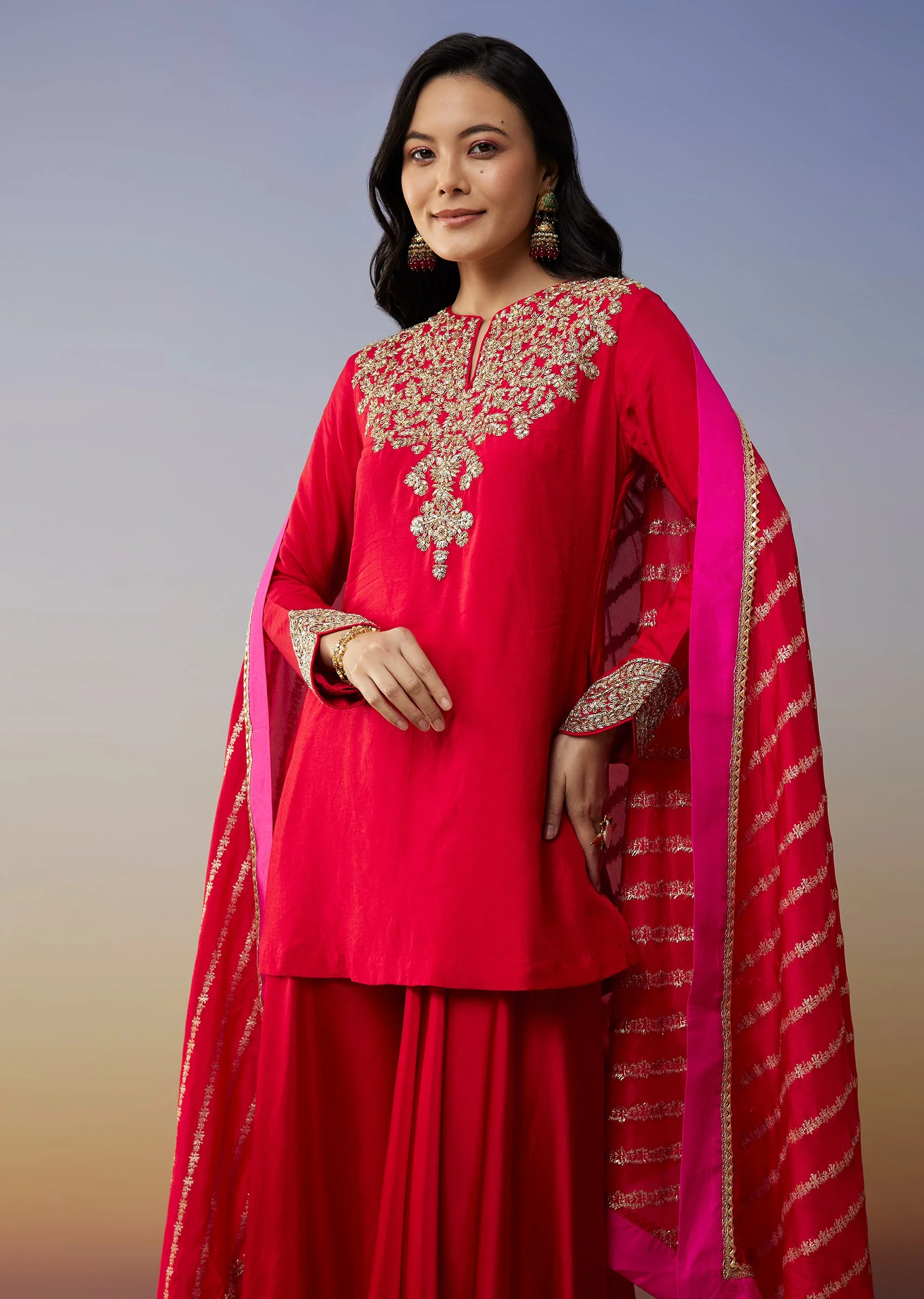 Red Viscose Satin Palazzo Suit with Zardosi Work - Image 4