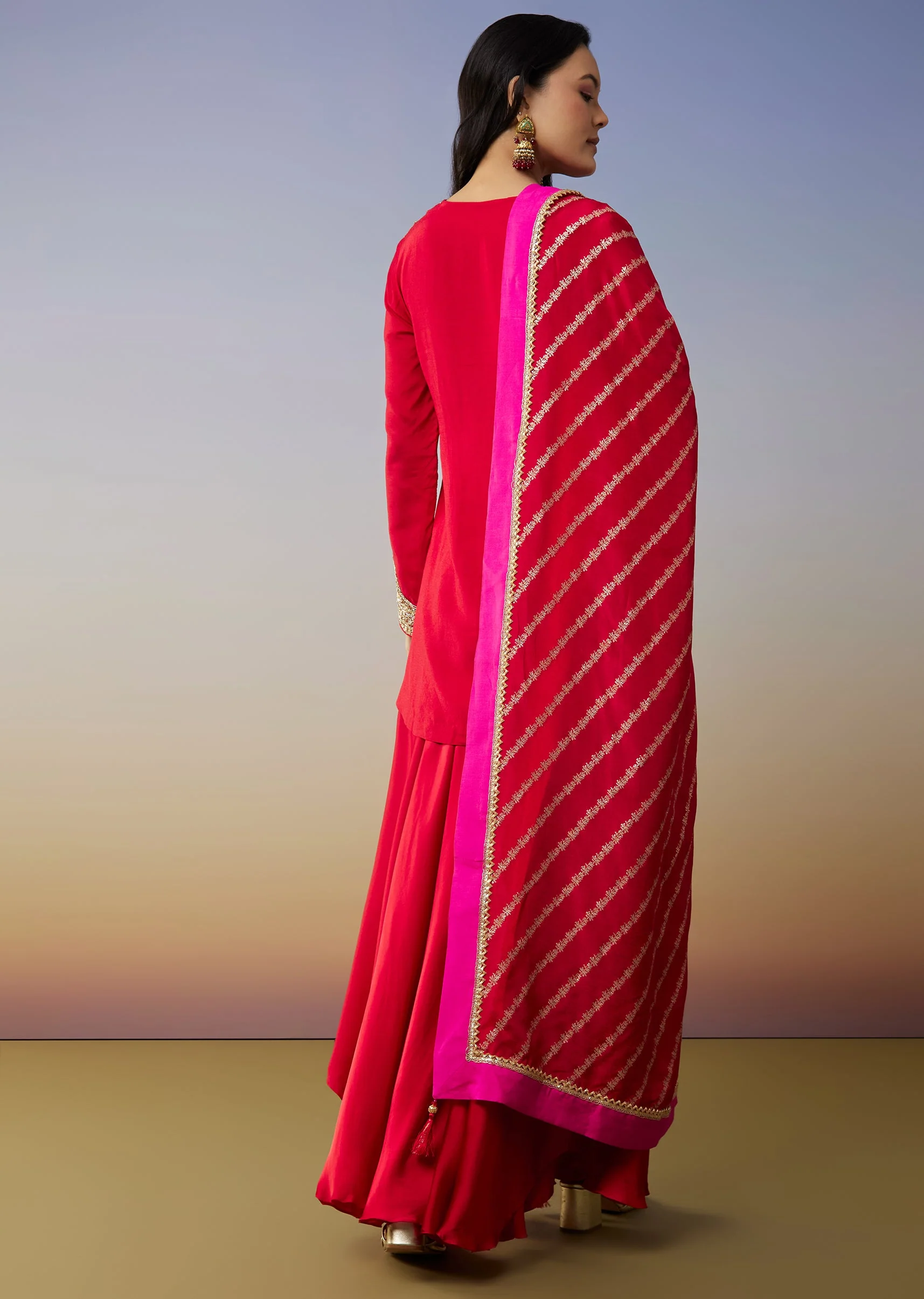 Red Viscose Satin Palazzo Suit with Zardosi Work - Image 5