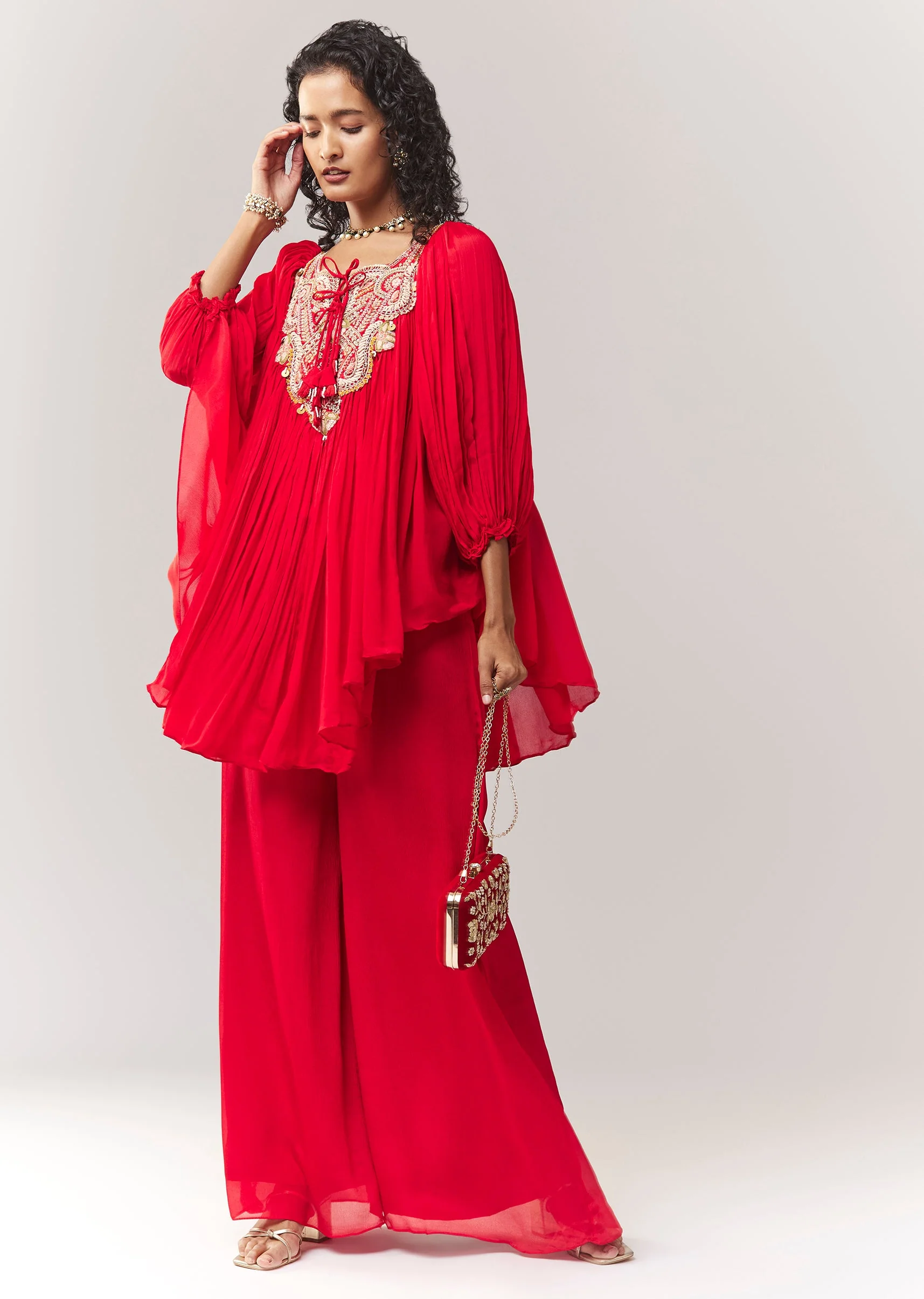 Red Zardosi And Thread Work A line Cape Set With Palazzo - Image 3
