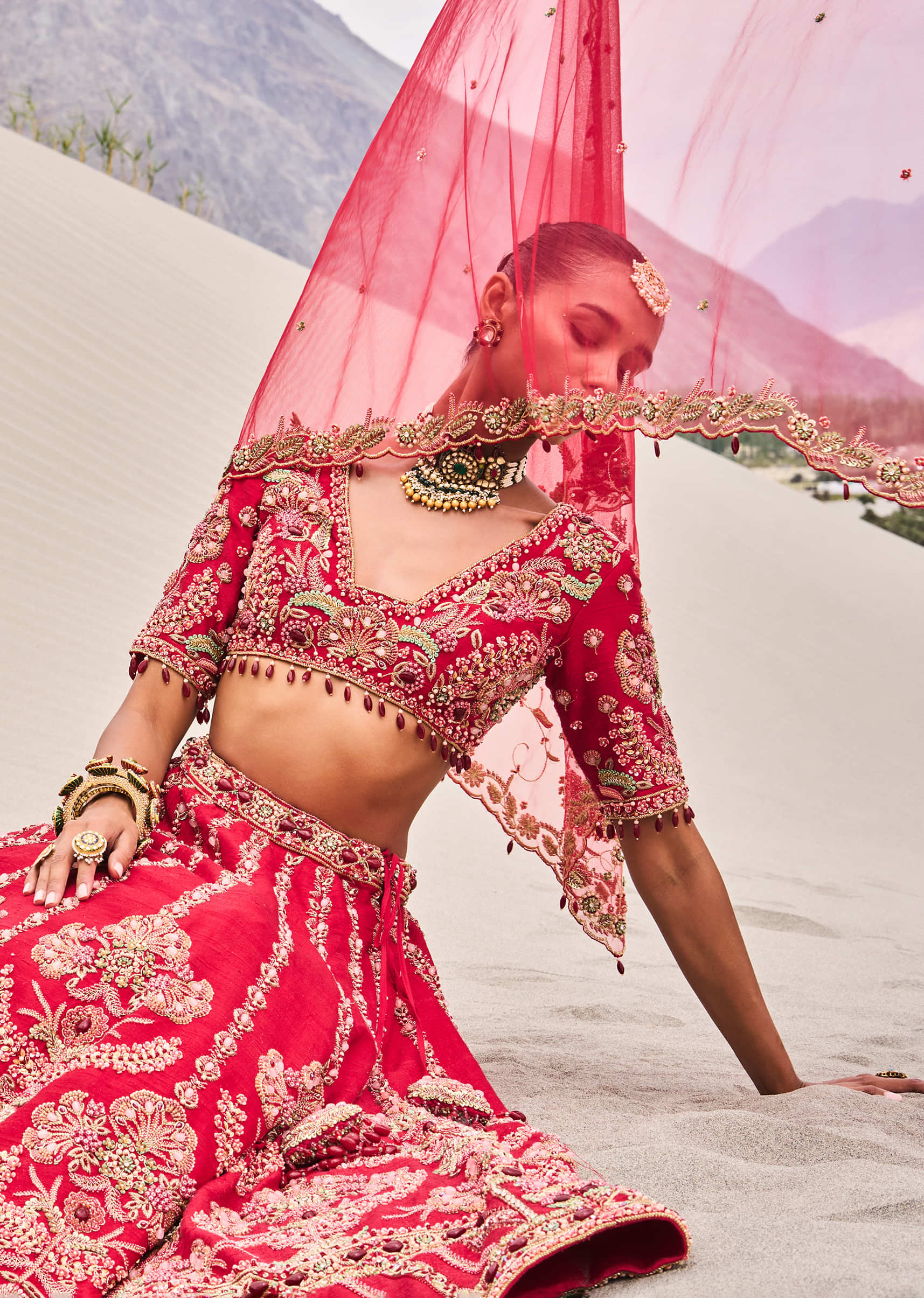 Red Zardosi Embroidered Lehenga Set With Two Dupattas - Image 4