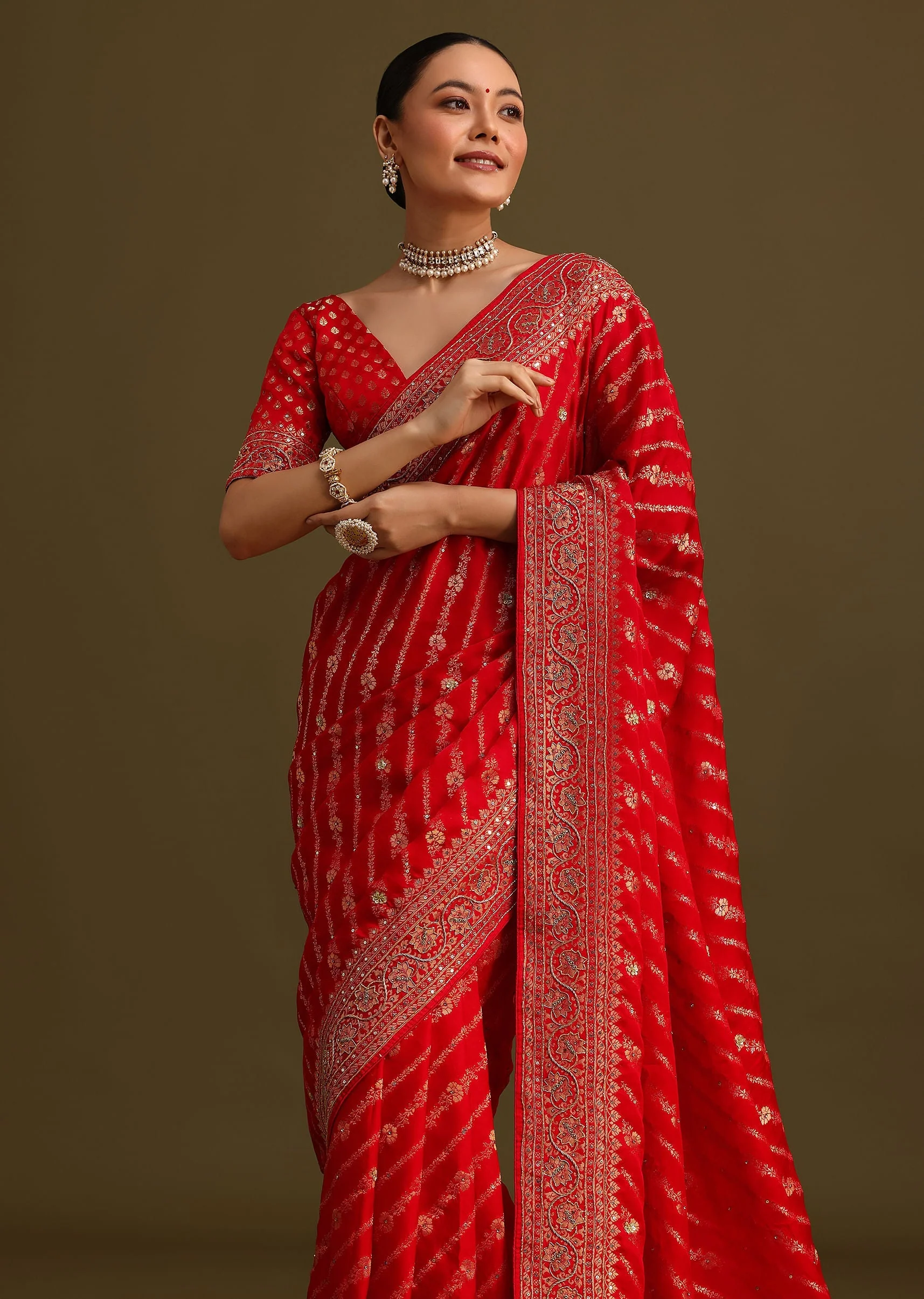Red Zardosi Embroidered Saree With Unstitched Blouse - Image 5