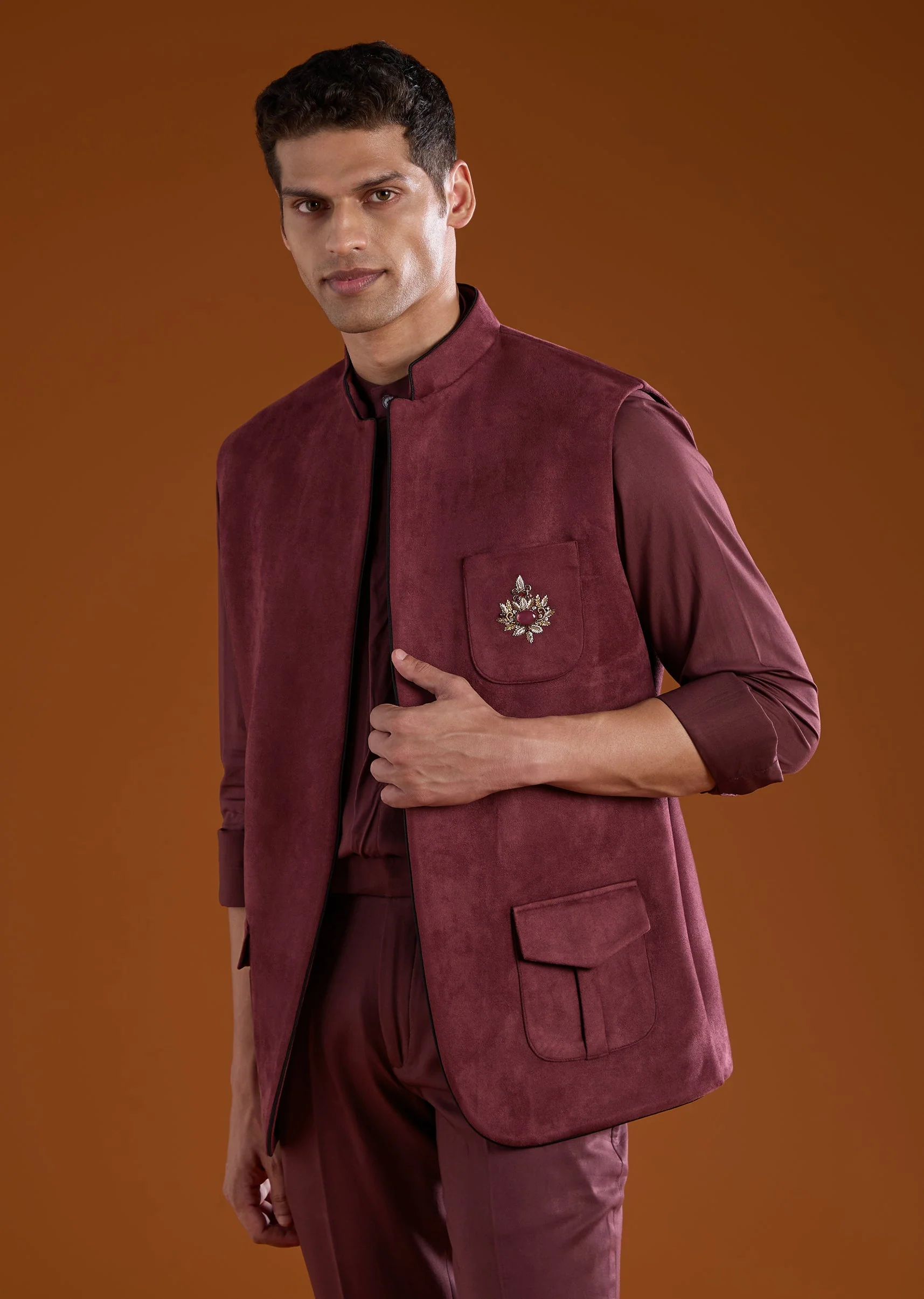 Red Zardozi Work Velvet Tuxedo and Pant Set - Image 4