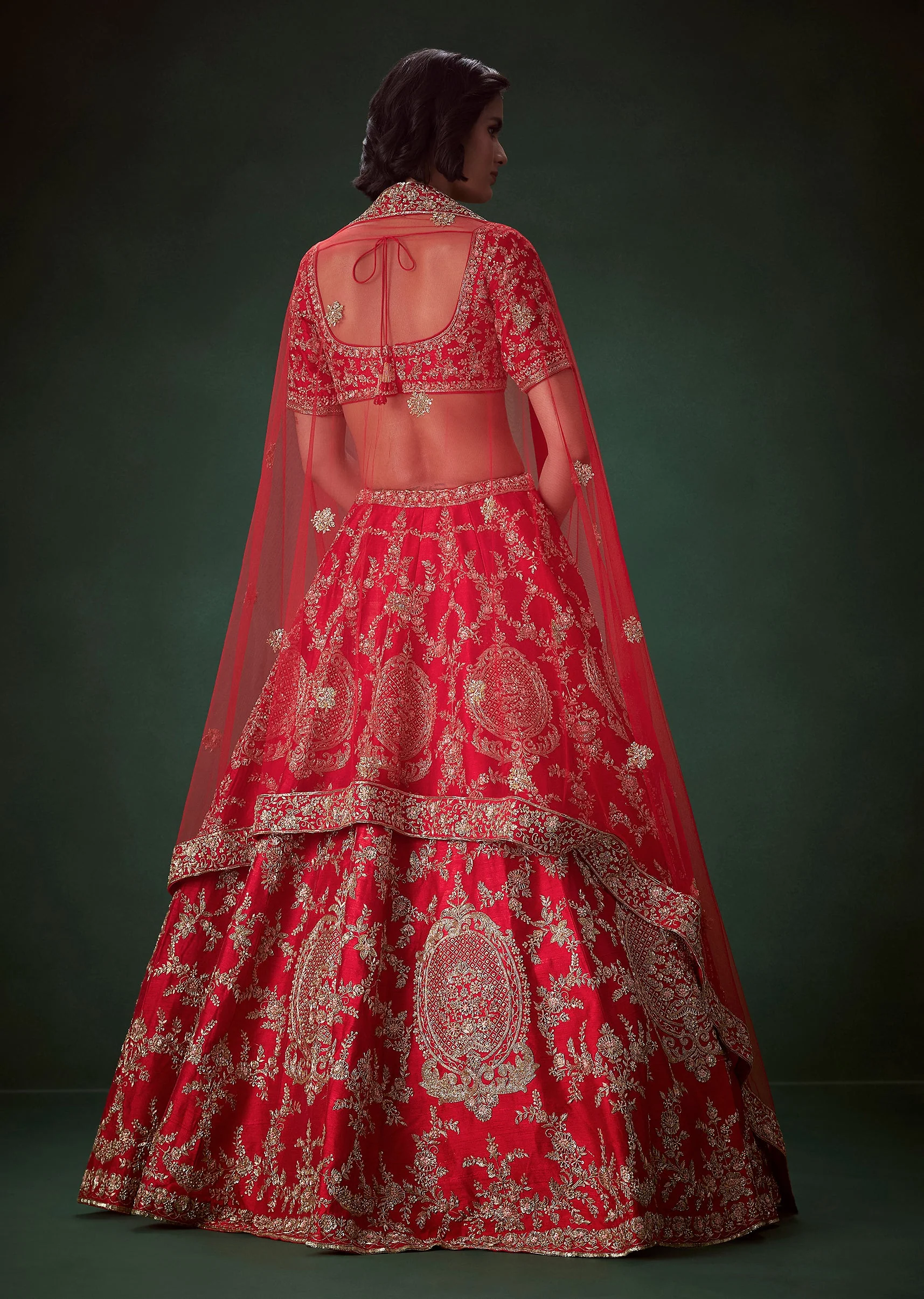 Red Zari Embellished Bridal Lehenga Set with Two Dupattas - Image 2