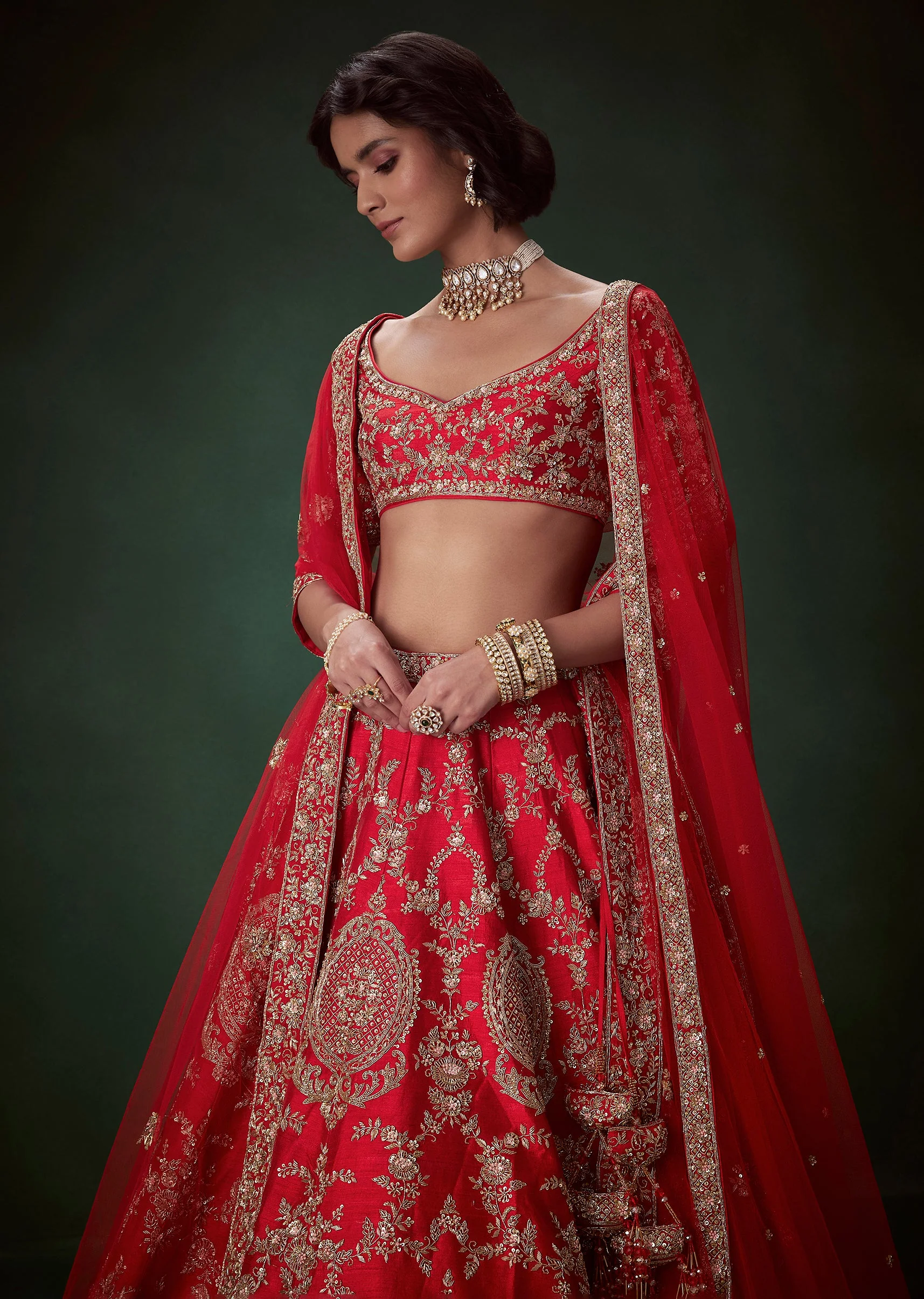 Red Zari Embellished Bridal Lehenga Set with Two Dupattas - Image 6