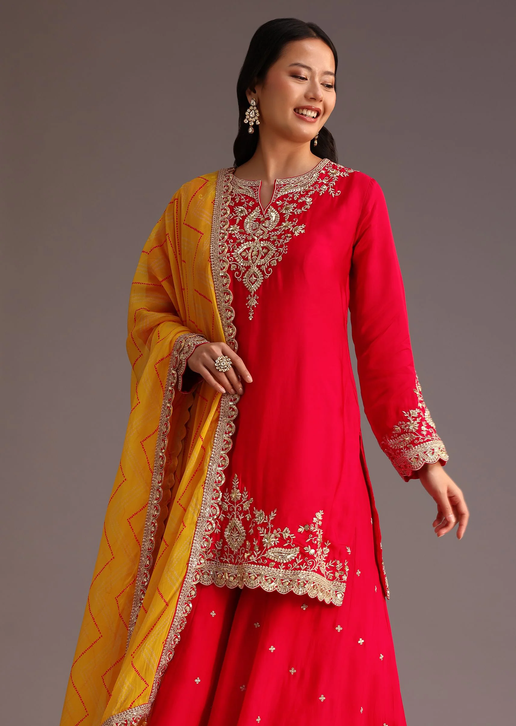 Red Zari Work Kurta Palazzo Suit With Organza Dupatta - Image 4