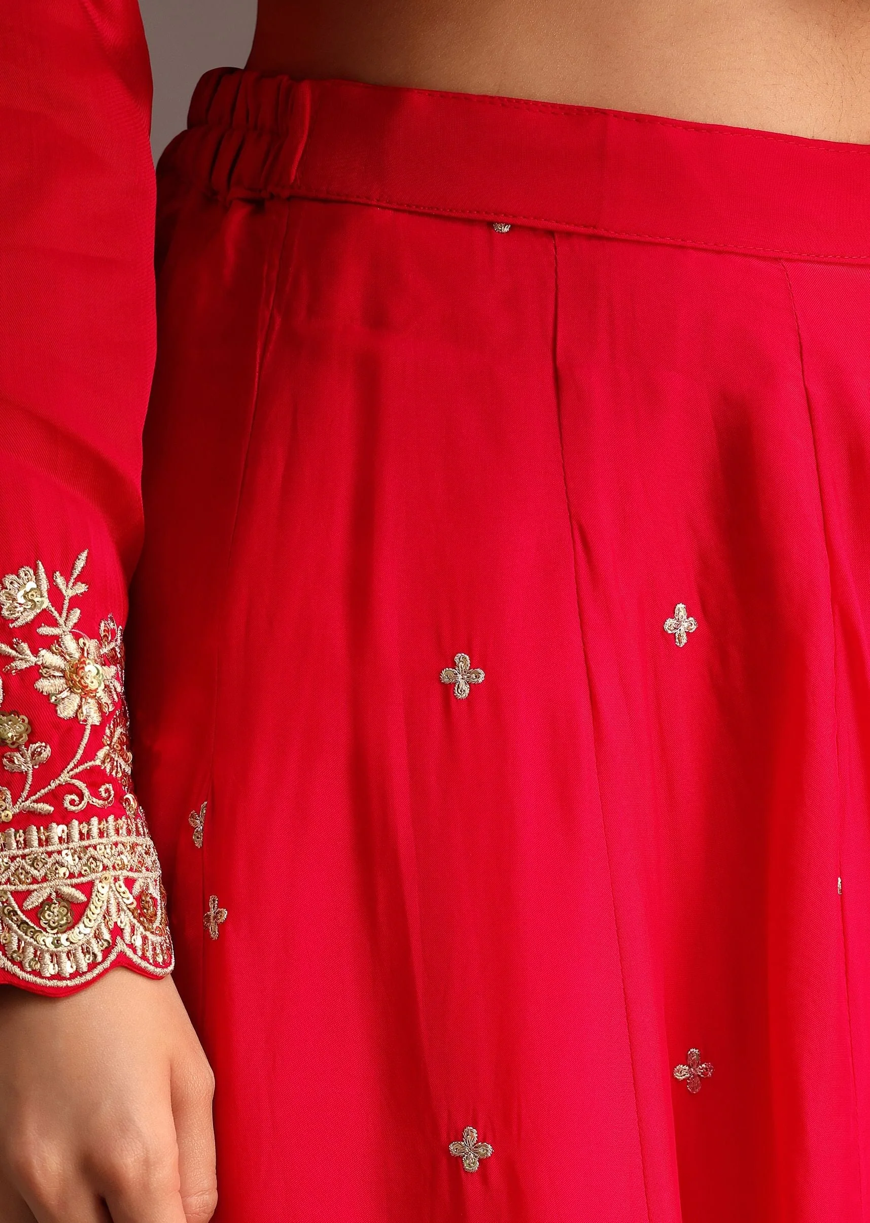 Red Zari Work Kurta Palazzo Suit With Organza Dupatta - Image 7