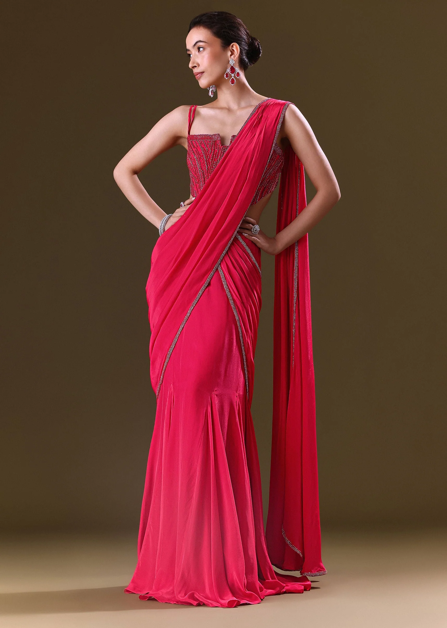 Reddish Pink Pre Stitched Draped Saree With Corset Fit Embroidered Blouse - Image 3