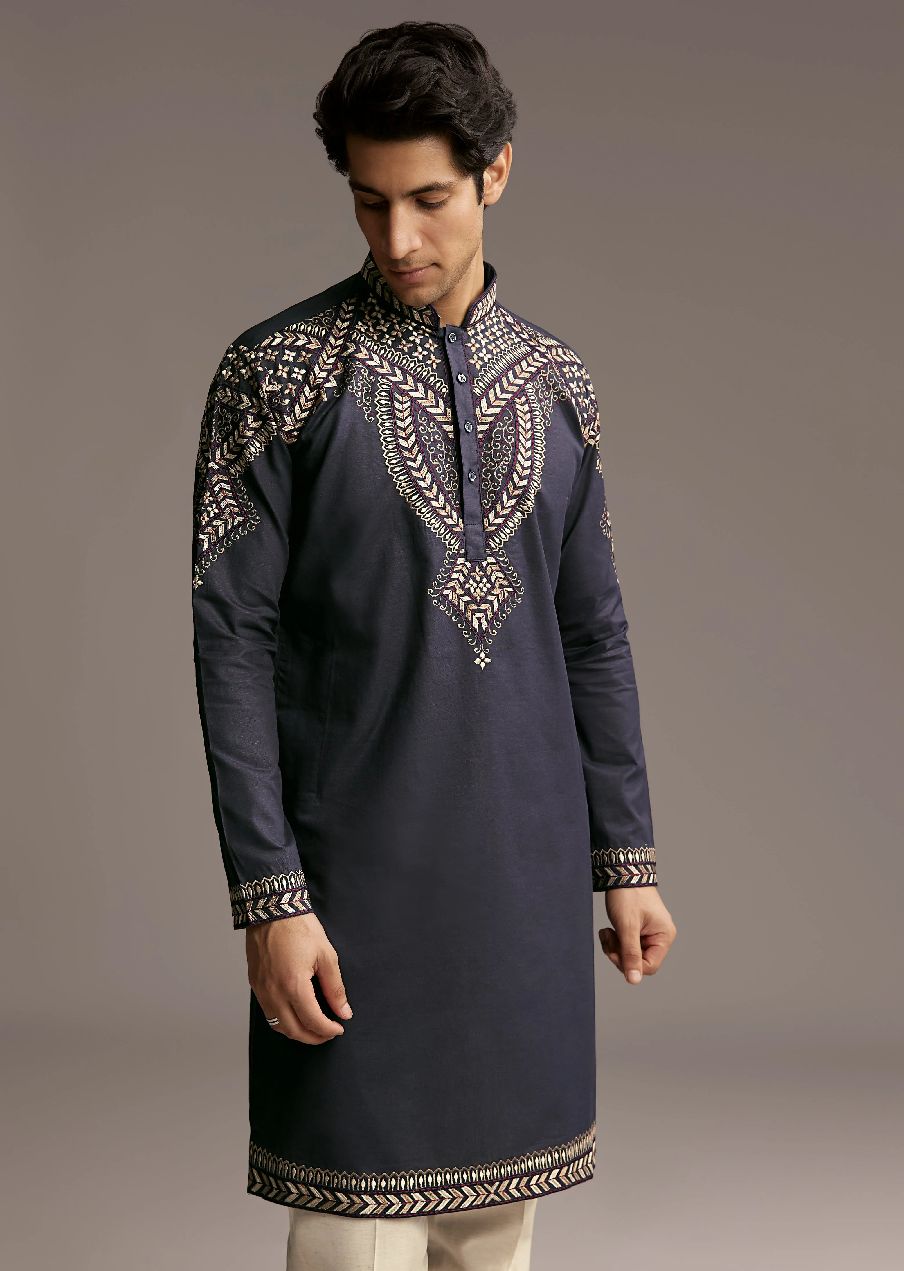 Refined Navy Harmony Couple Set – Navy Blue Georgette Saree with Resham Thread and Cutdana Embroidery for Her And Blue Linen Kurta Set with Resham Embroidery for Him - Image 10