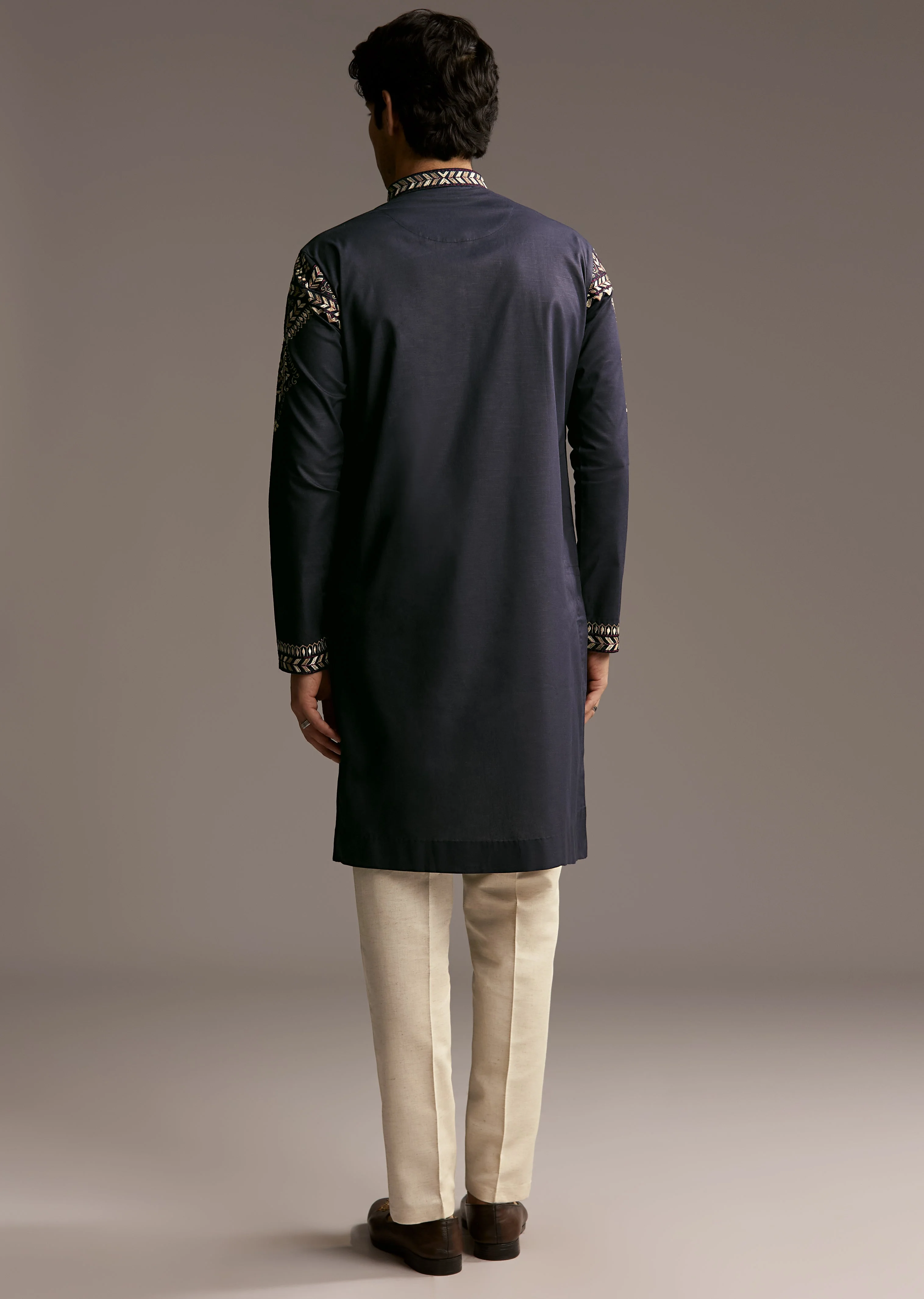Refined Navy Harmony Couple Set – Navy Blue Georgette Saree with Resham Thread and Cutdana Embroidery for Her And Blue Linen Kurta Set with Resham Embroidery for Him - Image 11
