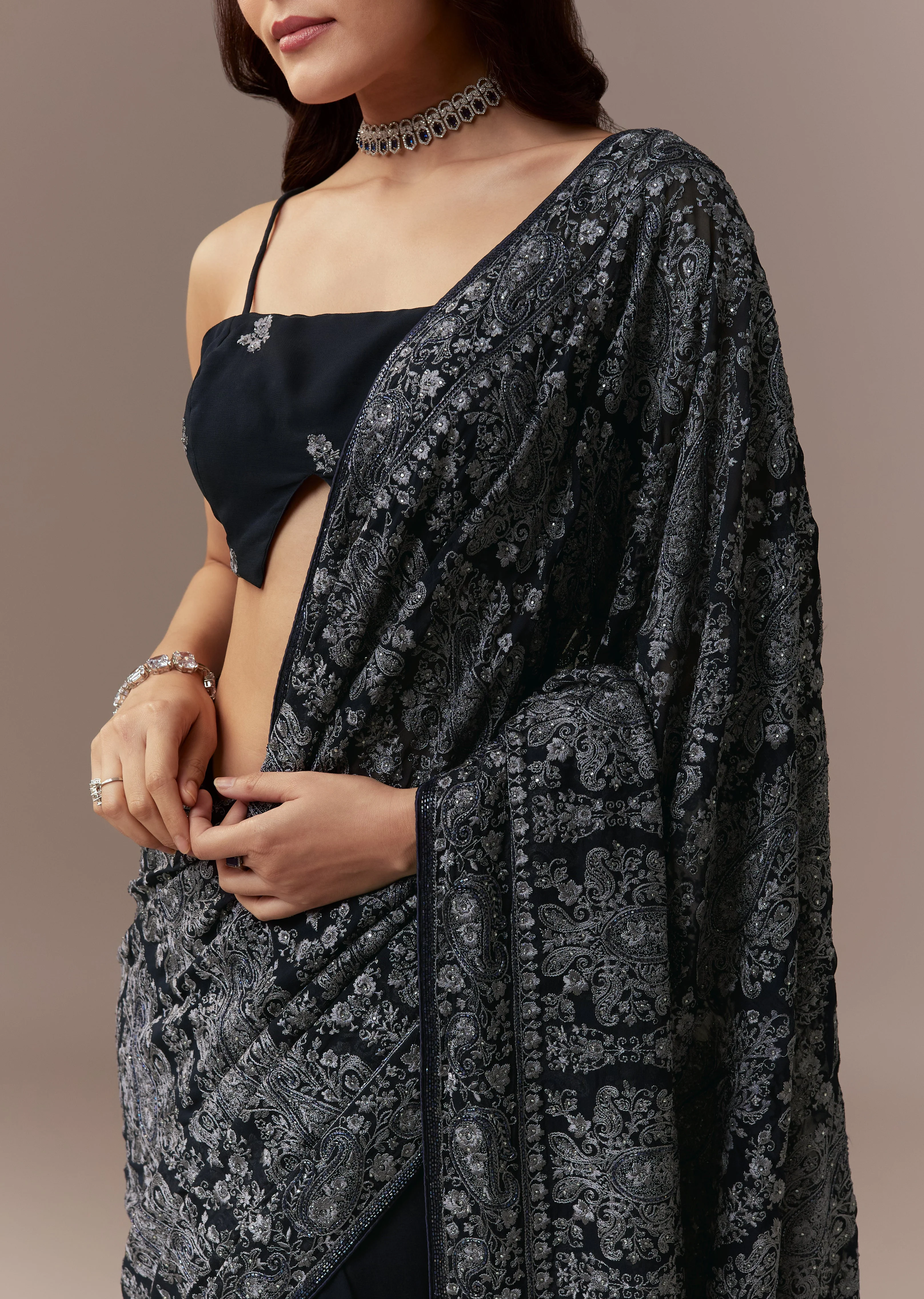 Refined Navy Harmony Couple Set – Navy Blue Georgette Saree with Resham Thread and Cutdana Embroidery for Her And Blue Linen Kurta Set with Resham Embroidery for Him - Image 2