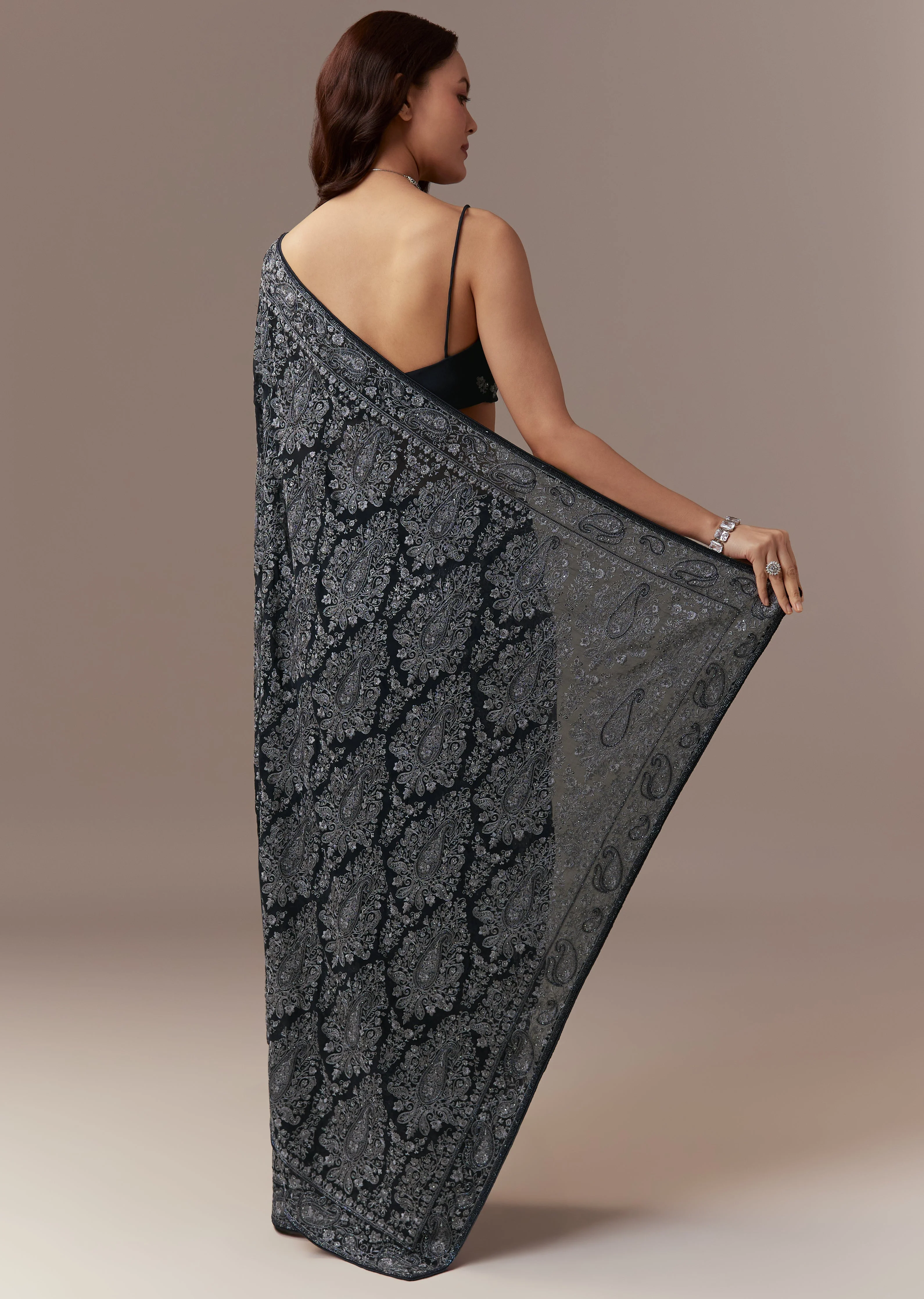 Refined Navy Harmony Couple Set – Navy Blue Georgette Saree with Resham Thread and Cutdana Embroidery for Her And Blue Linen Kurta Set with Resham Embroidery for Him - Image 5