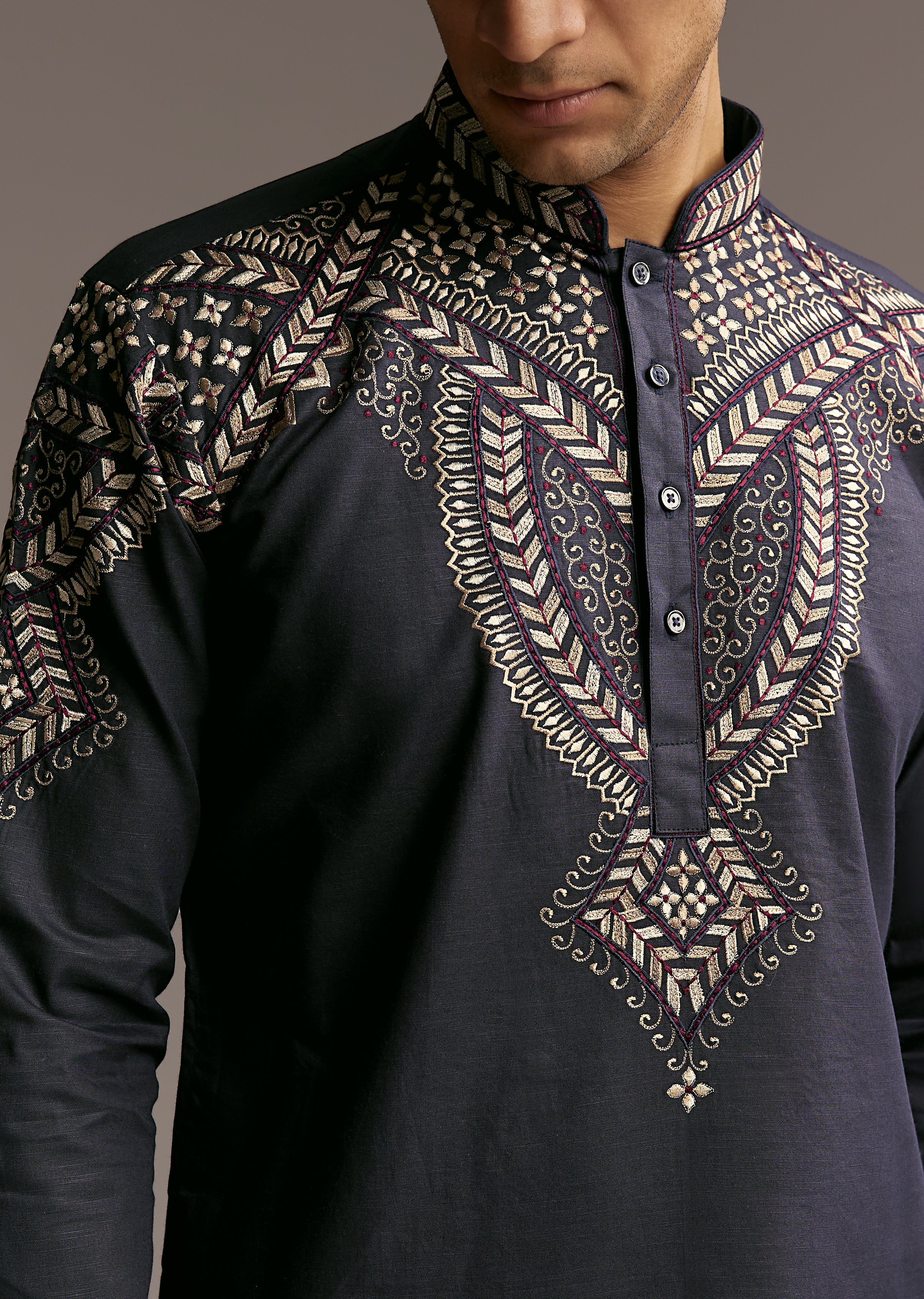 Refined Navy Harmony Couple Set – Navy Blue Georgette Saree with Resham Thread and Cutdana Embroidery for Her And Blue Linen Kurta Set with Resham Embroidery for Him - Image 8