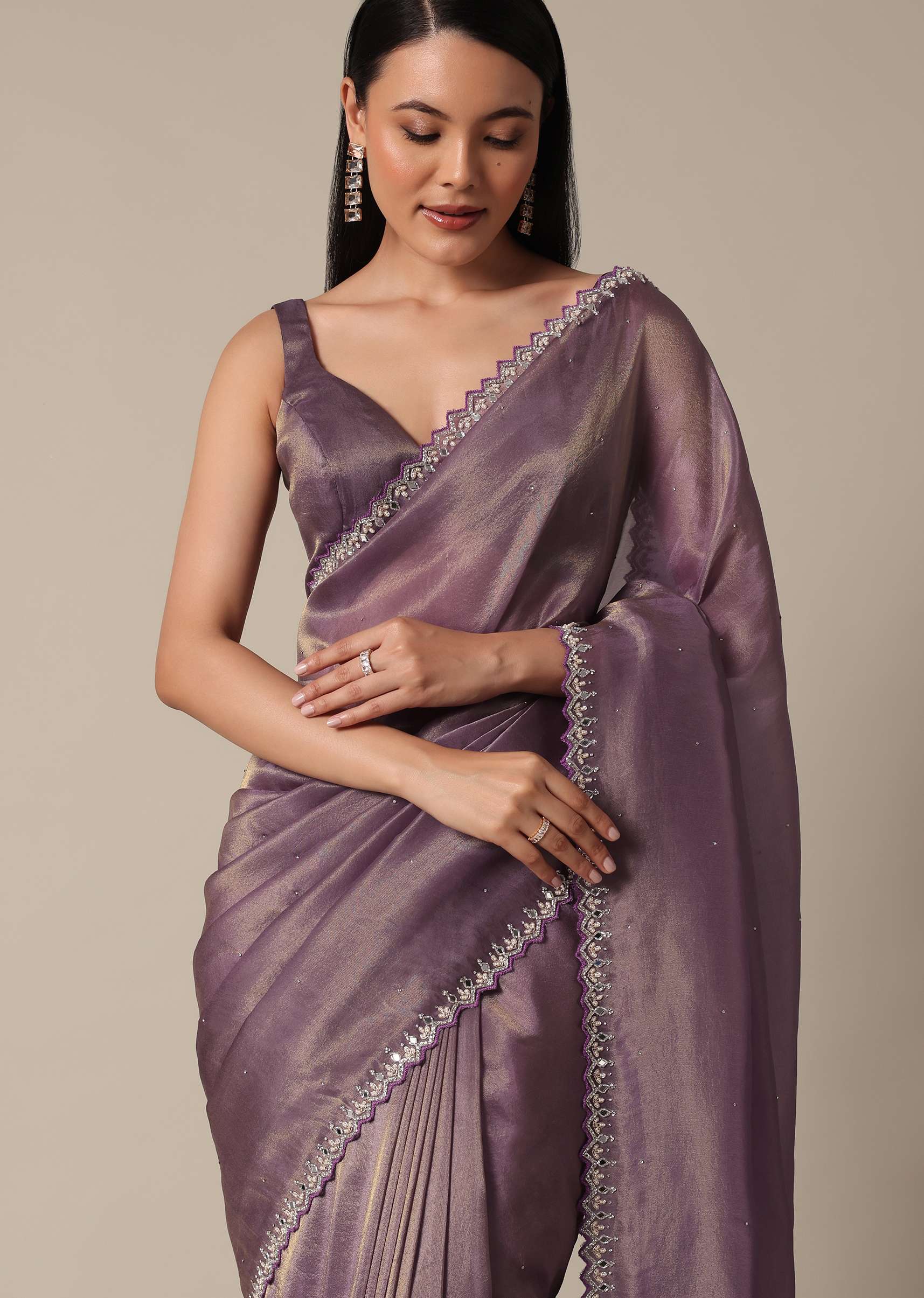 Regal Purple Saree With Mirror and Stone Scallop Border - Image 2