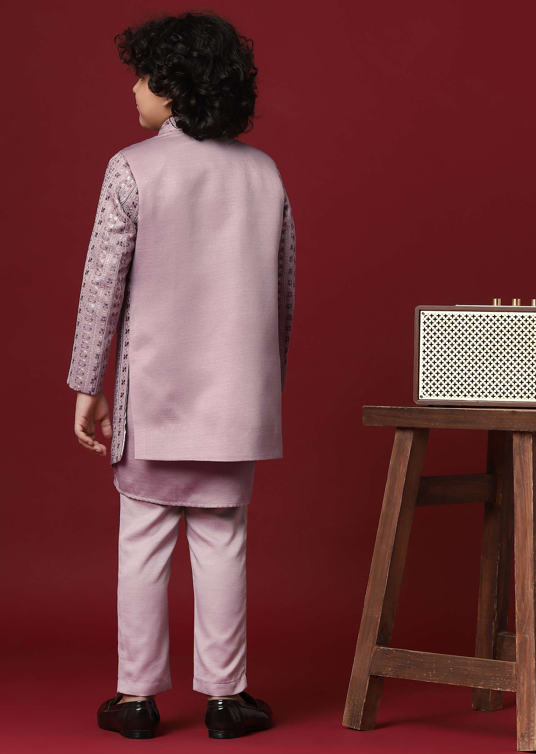 Regal Purple Silk Sherwani Set For Boys - Image 5