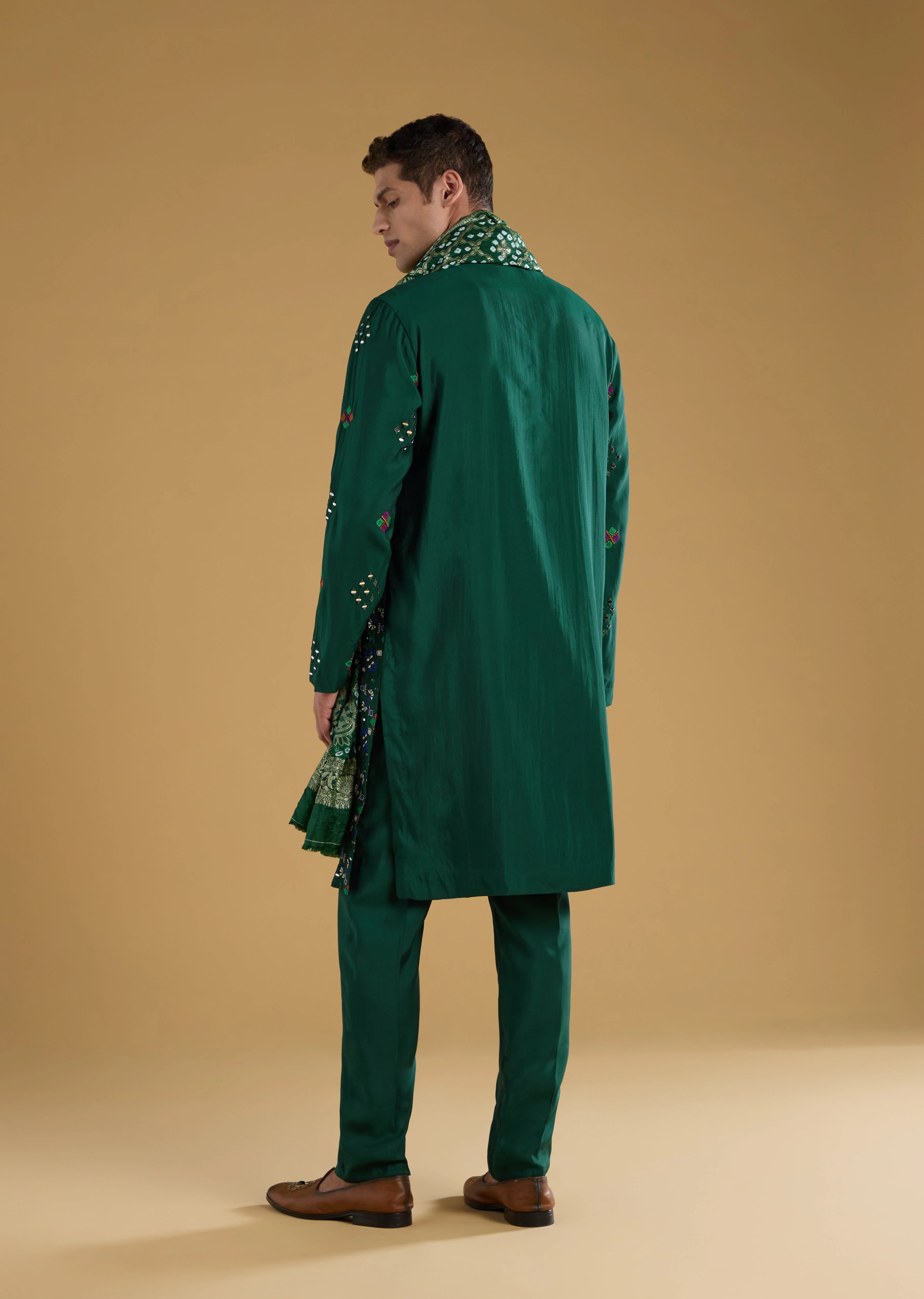 Regal Wedding Couple Set – Green Angarkha Anarkali for Her And Green Silk Thread Work Kurta Set with Dupatta for Him - Image 10