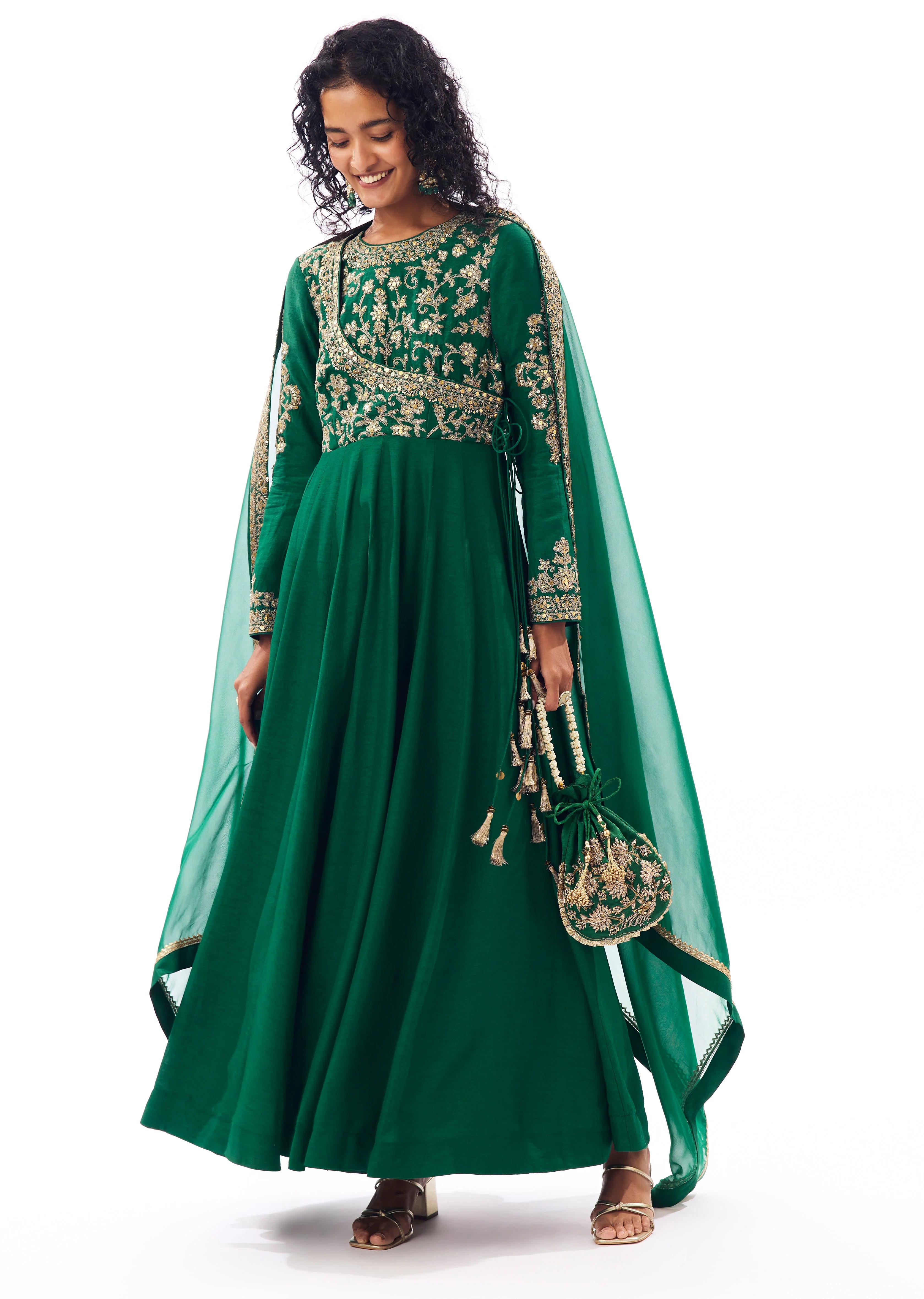 Regal Wedding Couple Set – Green Angarkha Anarkali for Her And Green Silk Thread Work Kurta Set with Dupatta for Him - Image 3