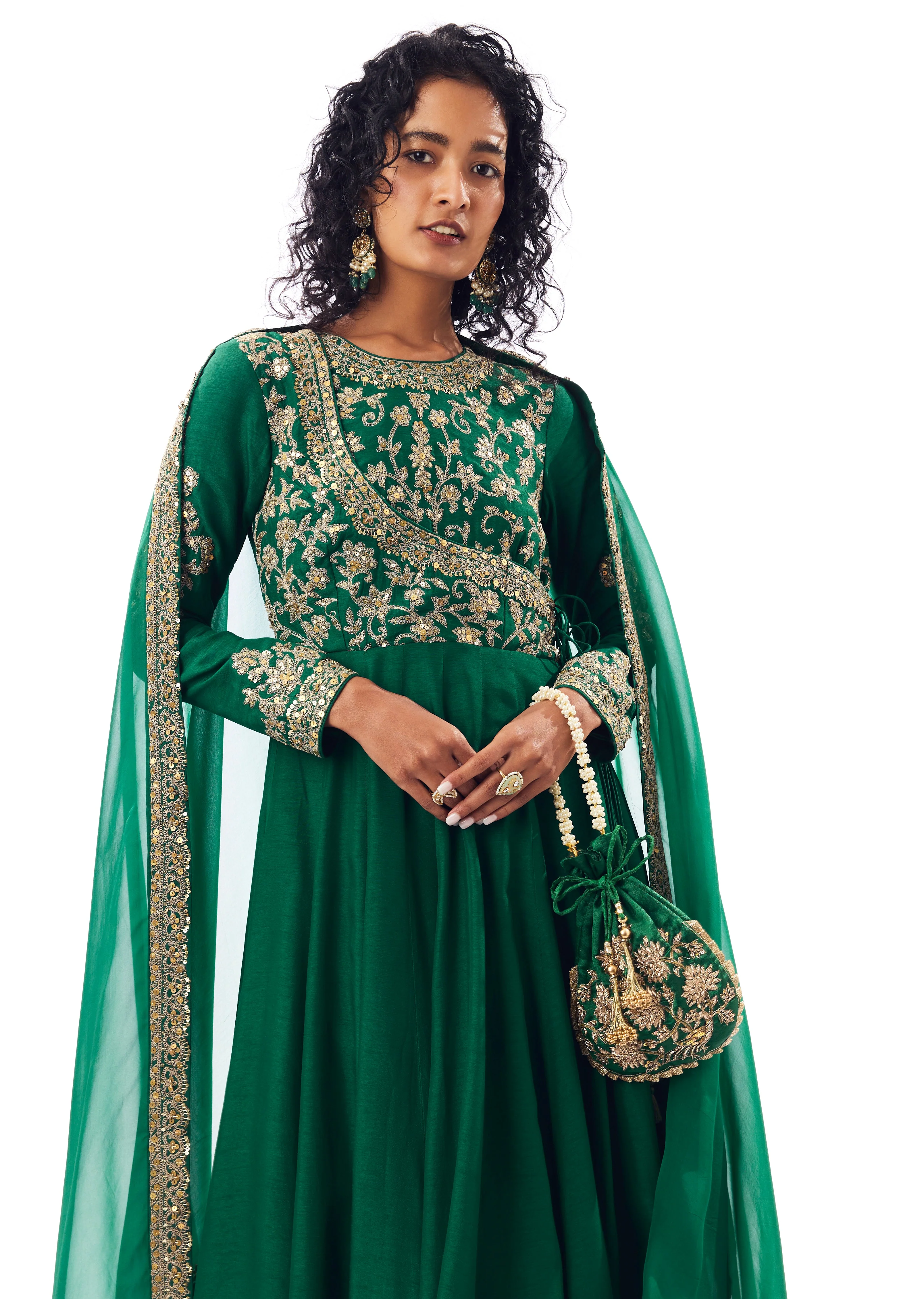 Regal Wedding Couple Set – Green Angarkha Anarkali for Her And Green Silk Thread Work Kurta Set with Dupatta for Him - Image 4