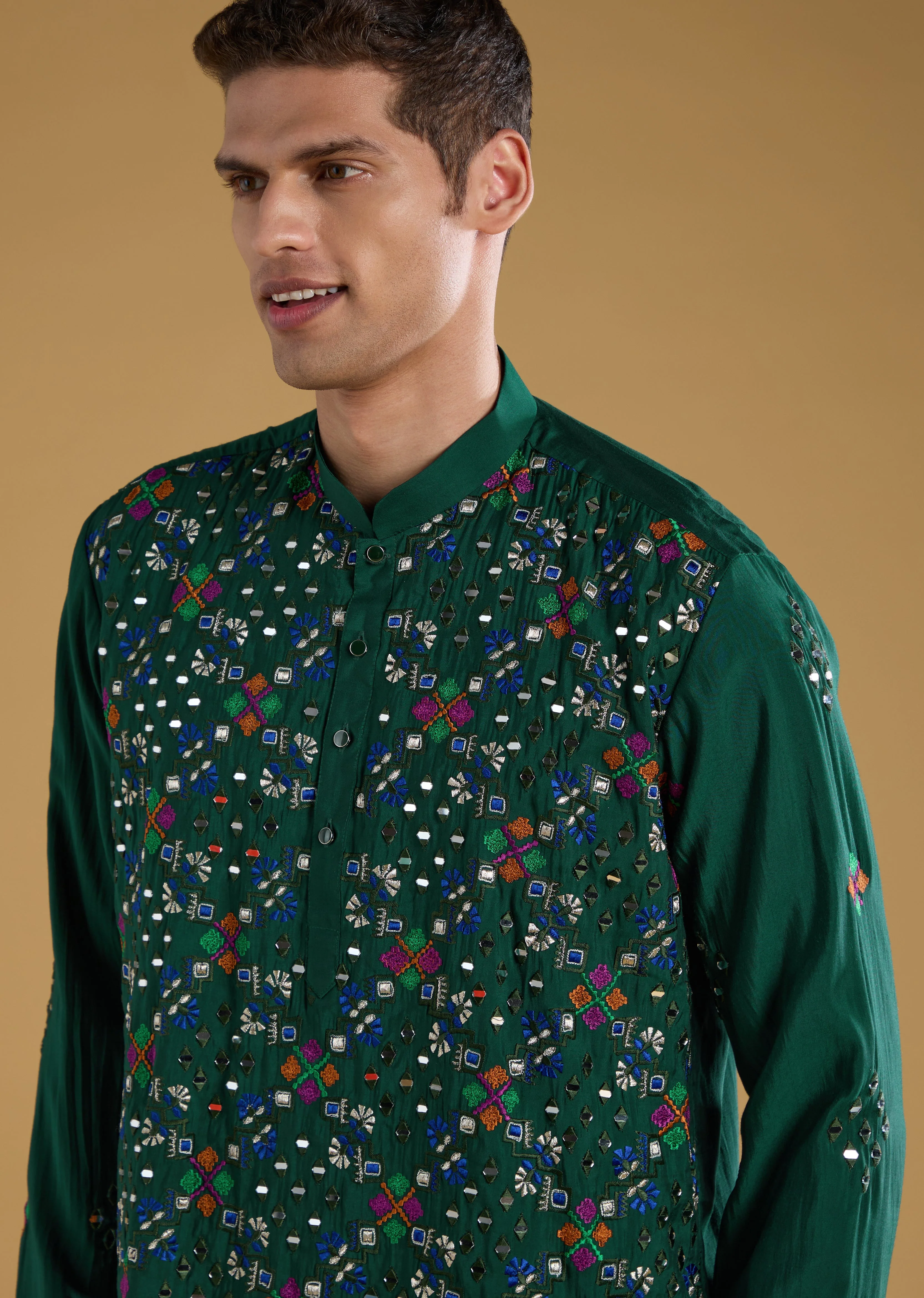 Regal Wedding Couple Set – Green Angarkha Anarkali for Her And Green Silk Thread Work Kurta Set with Dupatta for Him - Image 7