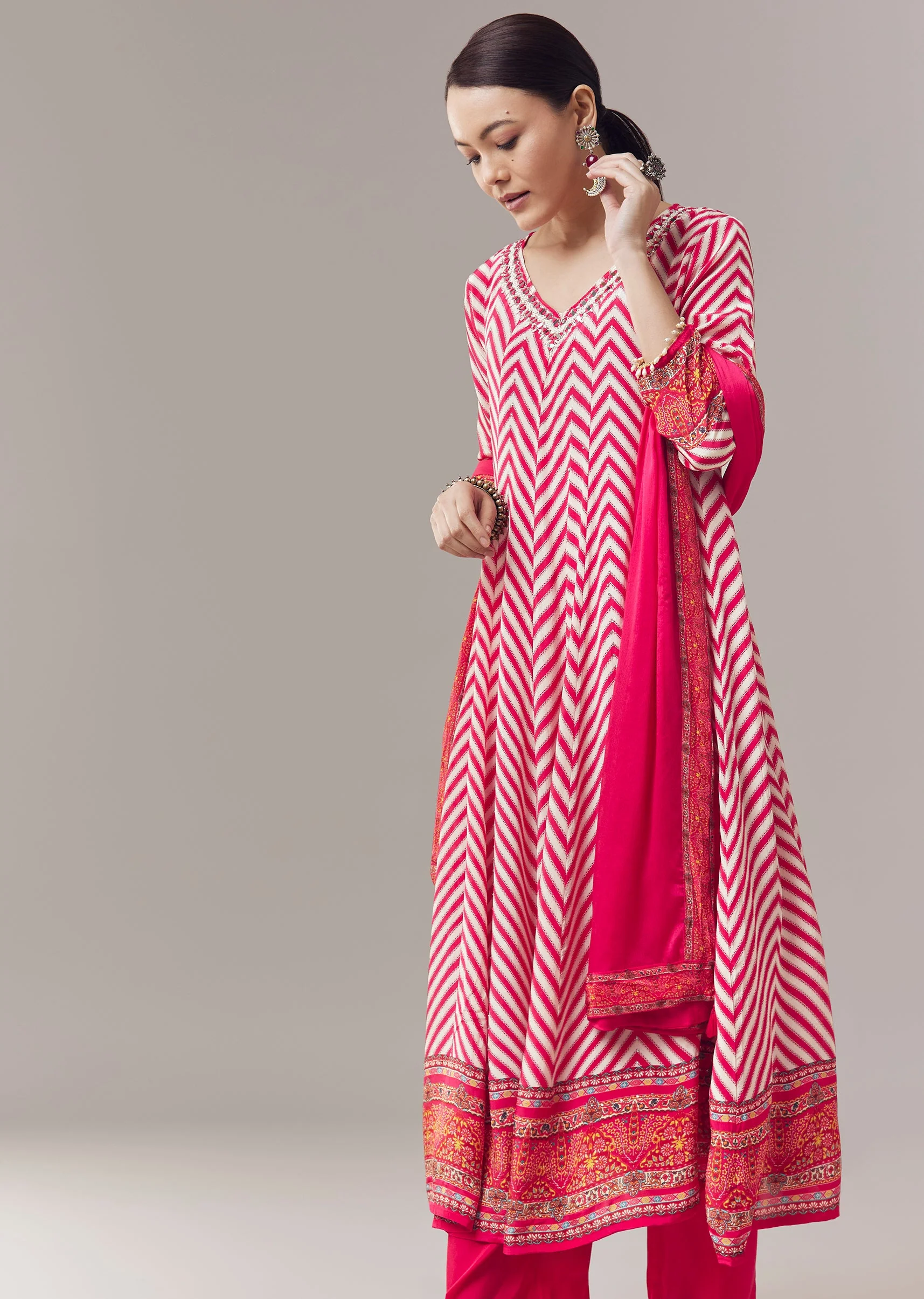 Romantic Bloom Couple Set – Pink Chevron Anarkali With Mirror Work For Her And Pink Silk Mirror Work Kurta Set For Him - Image 3
