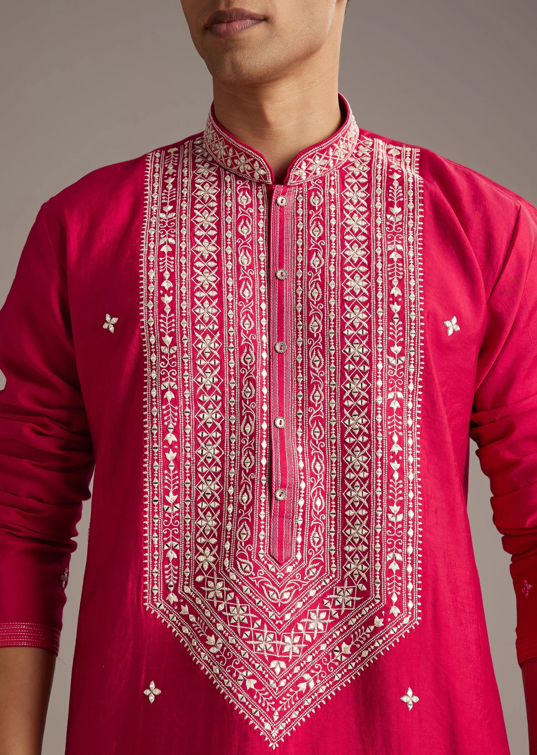 Romantic Bloom Couple Set – Pink Chevron Anarkali With Mirror Work For Her And Pink Silk Mirror Work Kurta Set For Him - Image 5