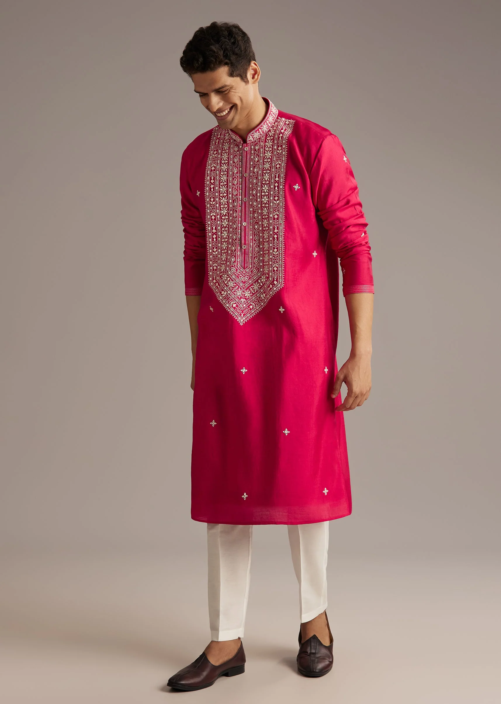 Romantic Bloom Couple Set – Pink Chevron Anarkali With Mirror Work For Her And Pink Silk Mirror Work Kurta Set For Him - Image 6