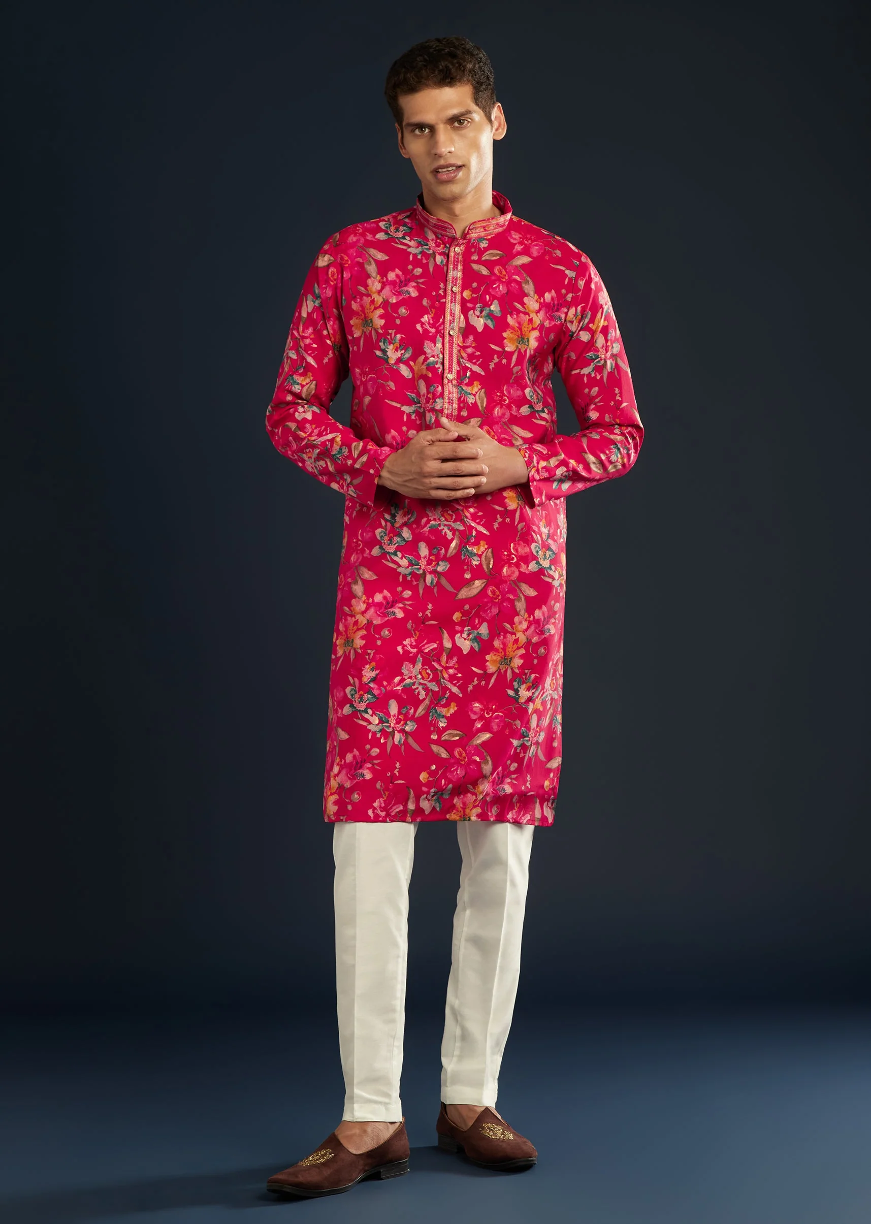 Romantic Festive Couple Set – Pink Organza Floral Saree With Embellished Border For Her And Pink Silk Kurta Set With Floral Motifs For Him - Image 10