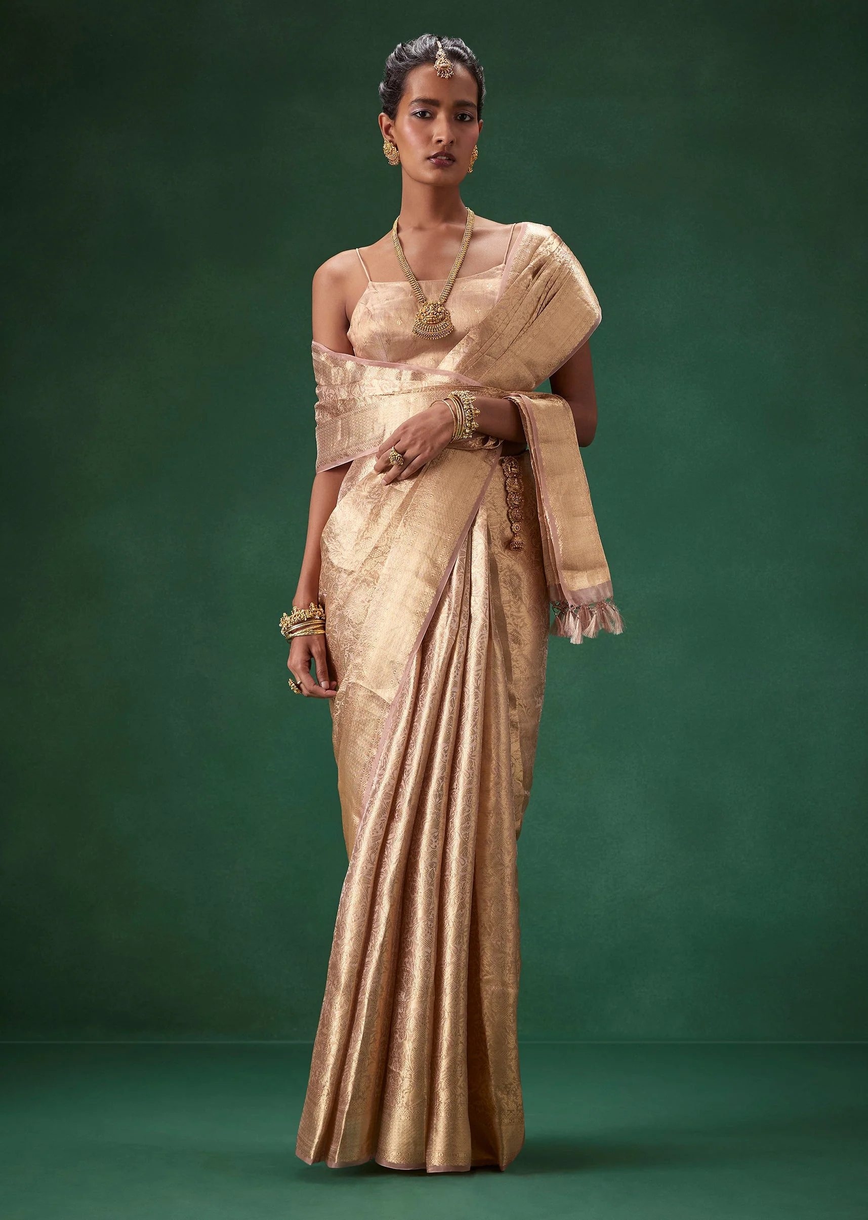 Rose Gold Banarasi Silk Weave Saree with Unstitched Blouse