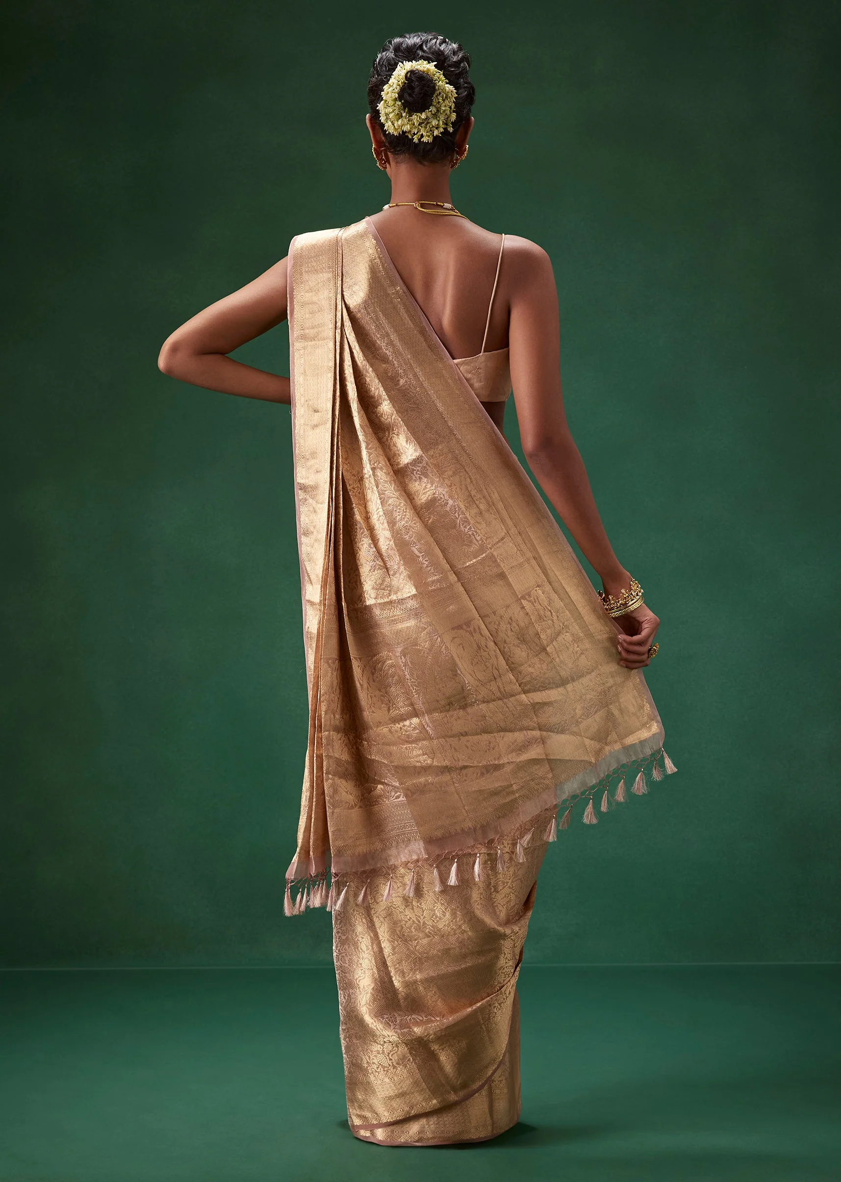 Rose Gold Banarasi Silk Weave Saree with Unstitched Blouse - Image 2