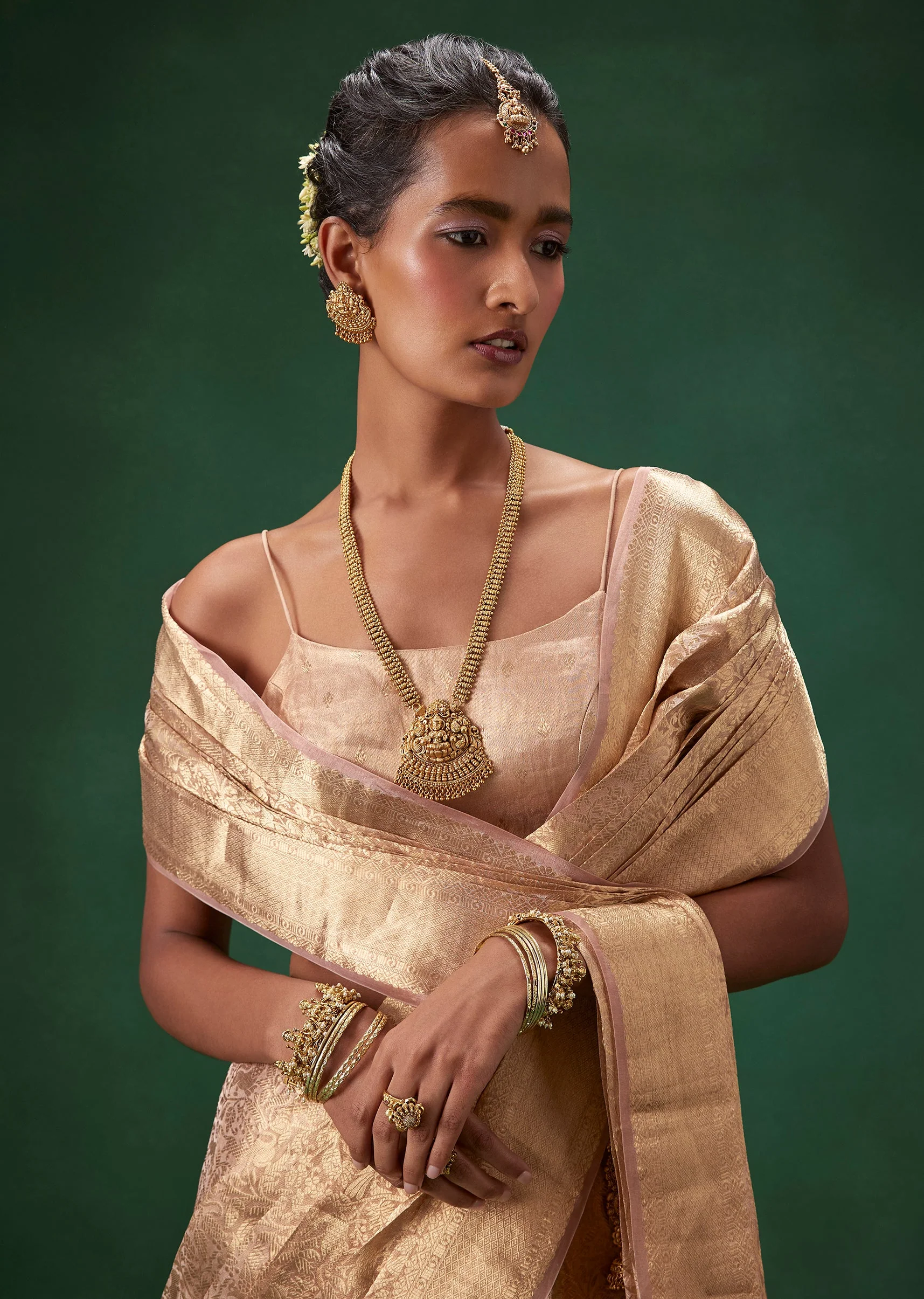 Rose Gold Banarasi Silk Weave Saree with Unstitched Blouse - Image 3