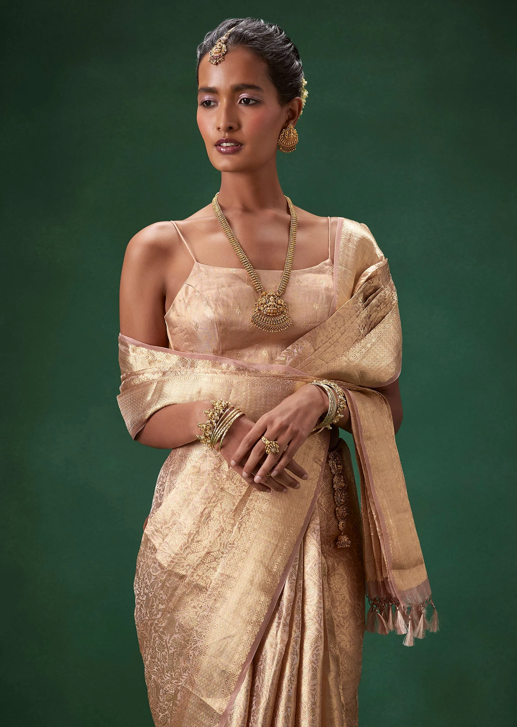 Rose Gold Banarasi Silk Weave Saree with Unstitched Blouse - Image 6