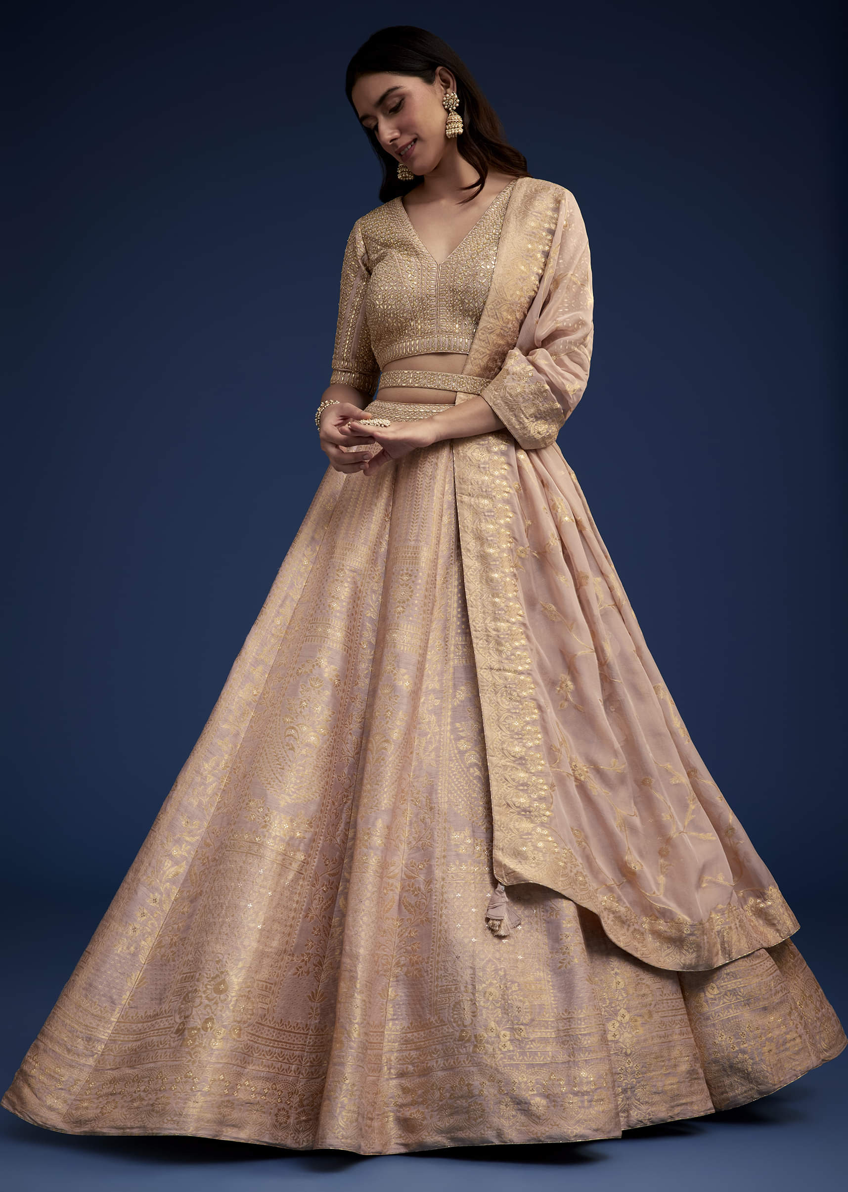 Rose Gold Brocade Lehenga Set With Belt - Image 6