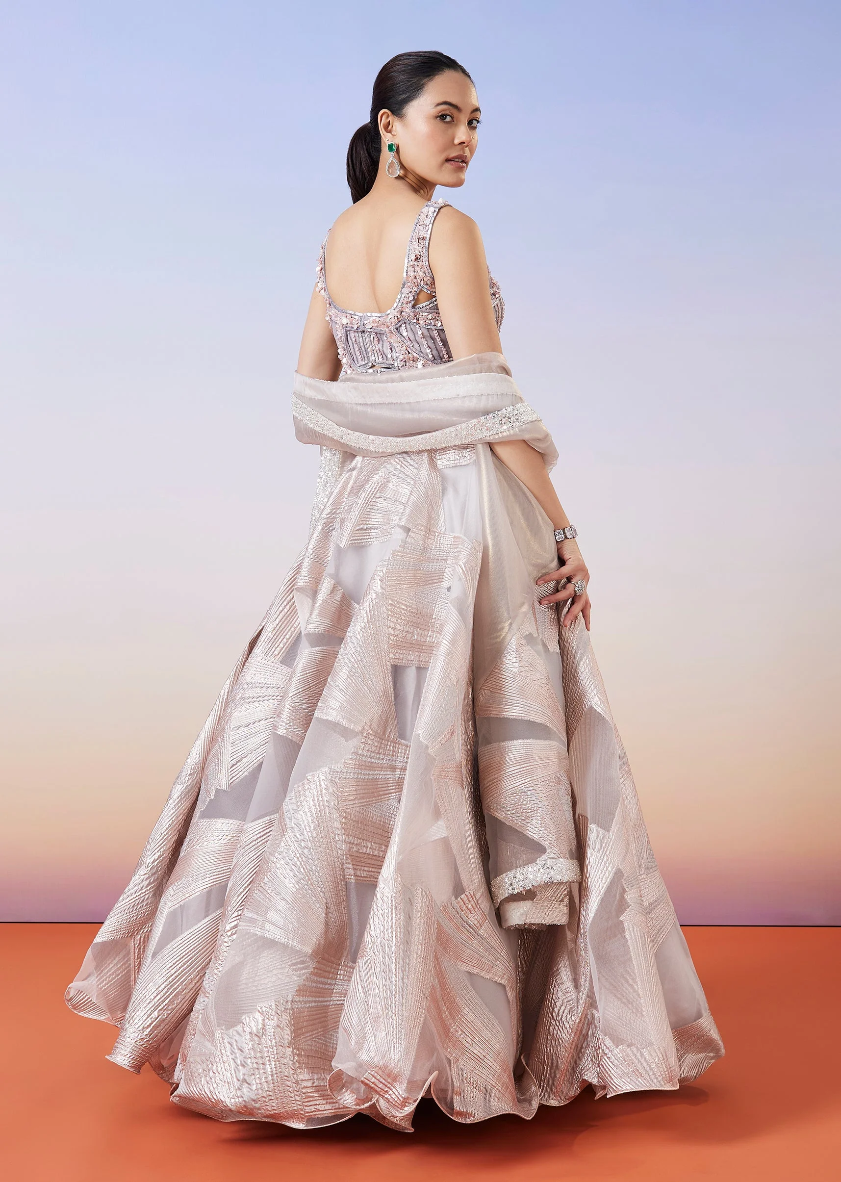Rose Gold Jacquard Fusion Lehenga With Dupatta - Image 2
